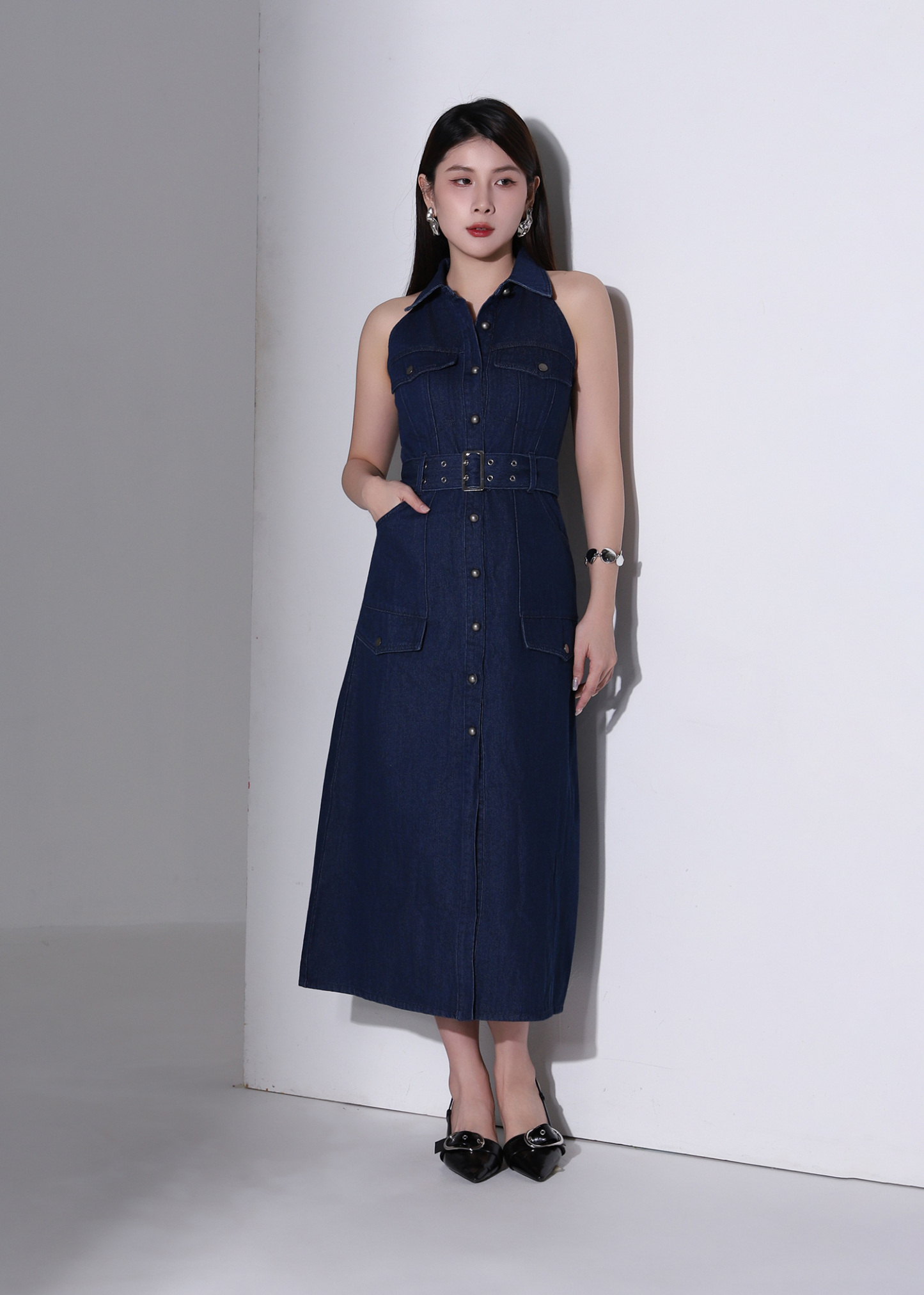 Denim Coller Sleeveless Front Button With Belt Dress AC376