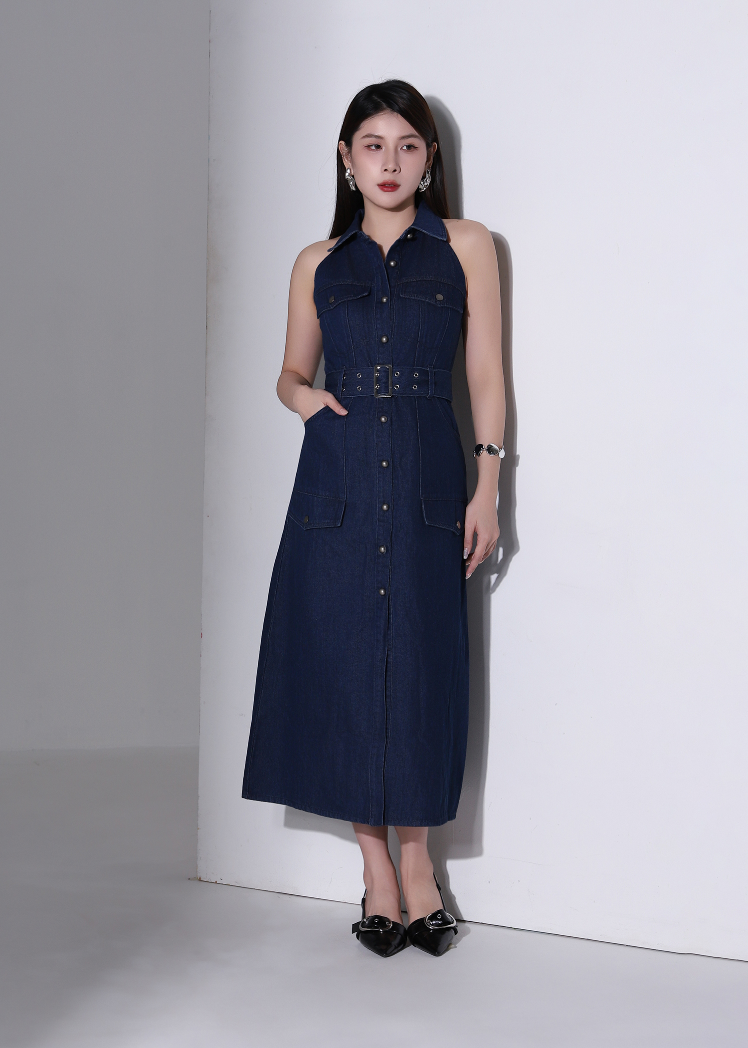 Denim Coller Sleeveless Front Button With Belt Dress AC376