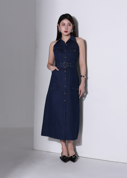 Denim Coller Sleeveless Front Button With Belt Dress AC376