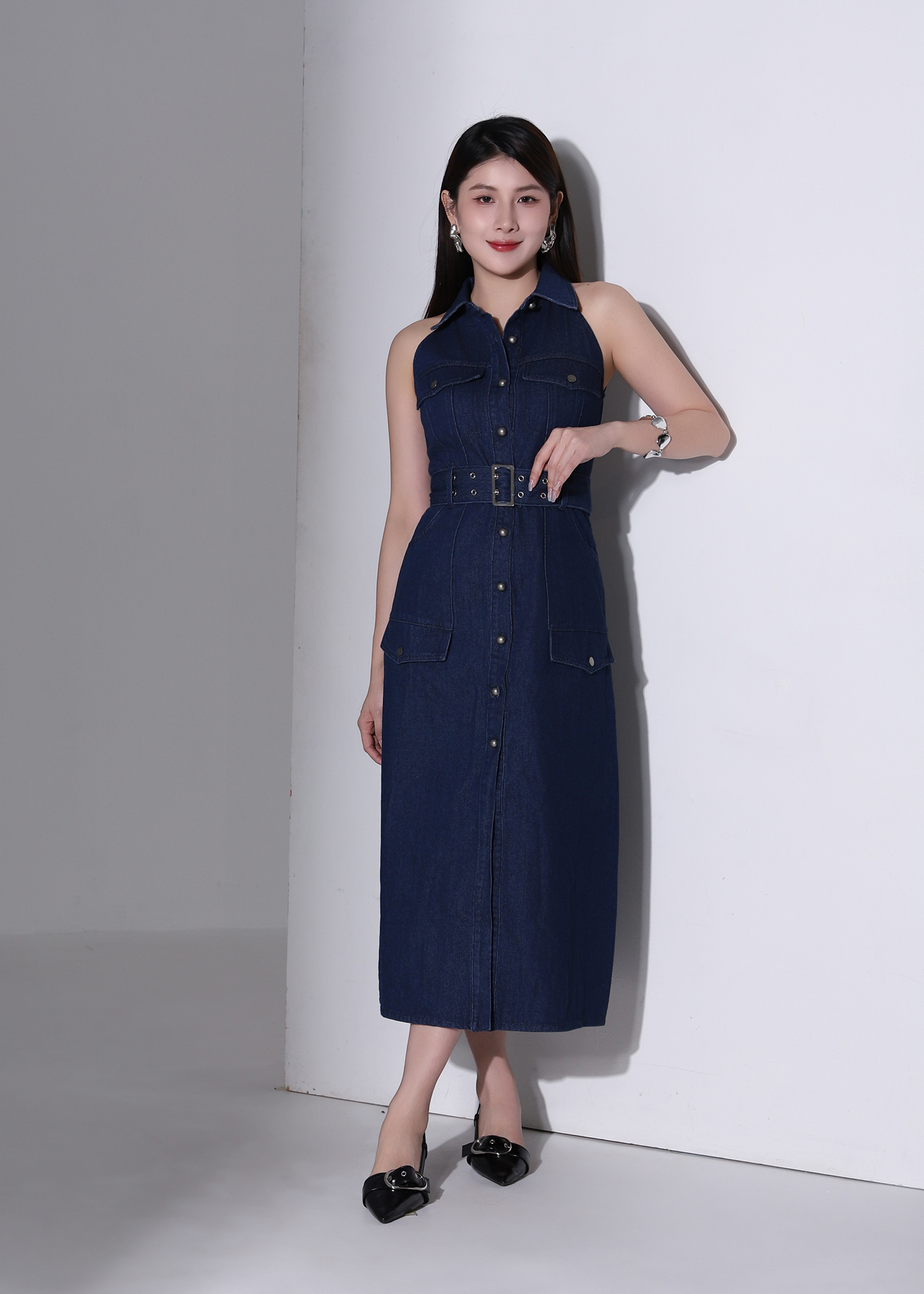 Denim Coller Sleeveless Front Button With Belt Dress AC376