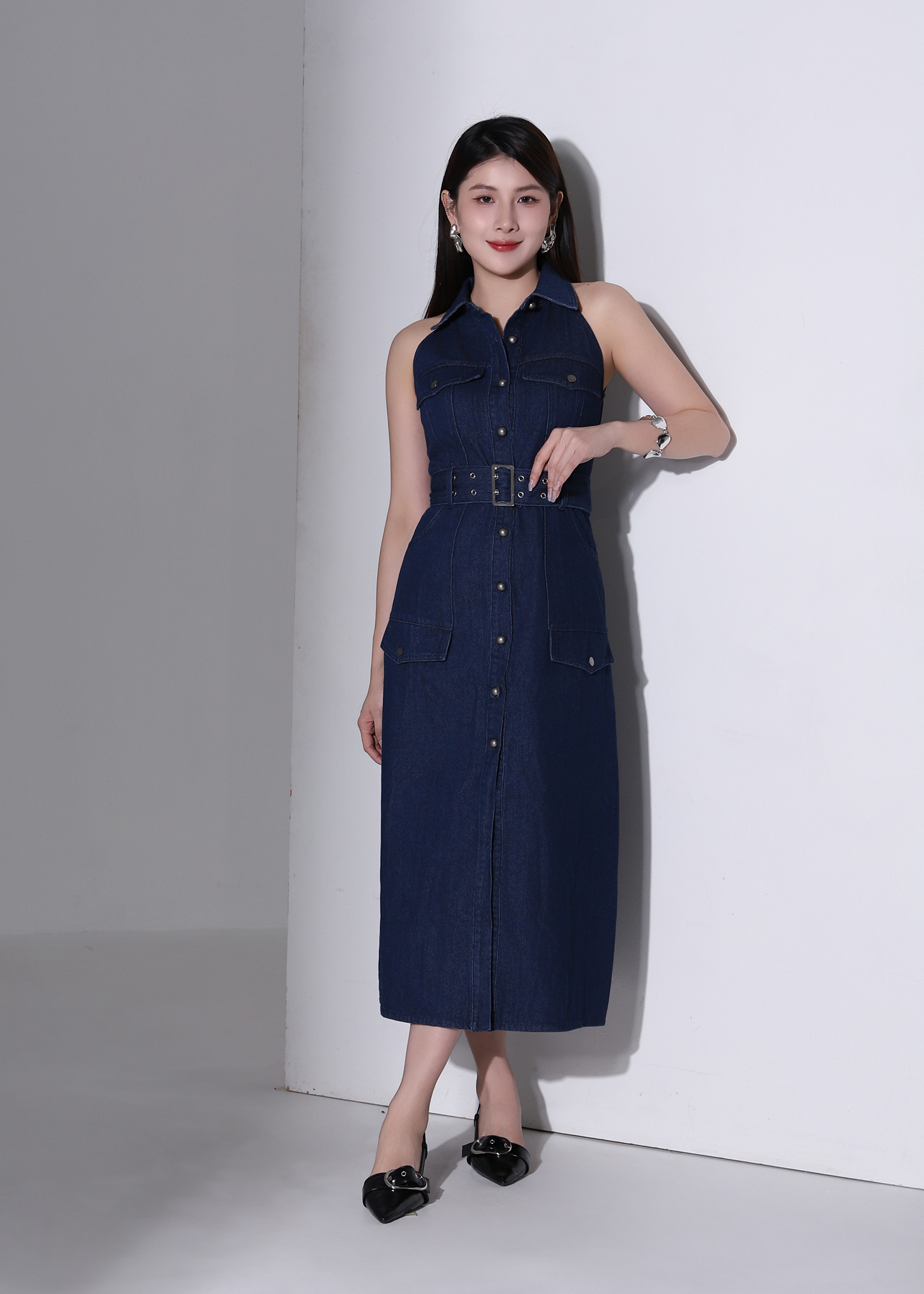 Denim Coller Sleeveless Front Button With Belt Dress AC376