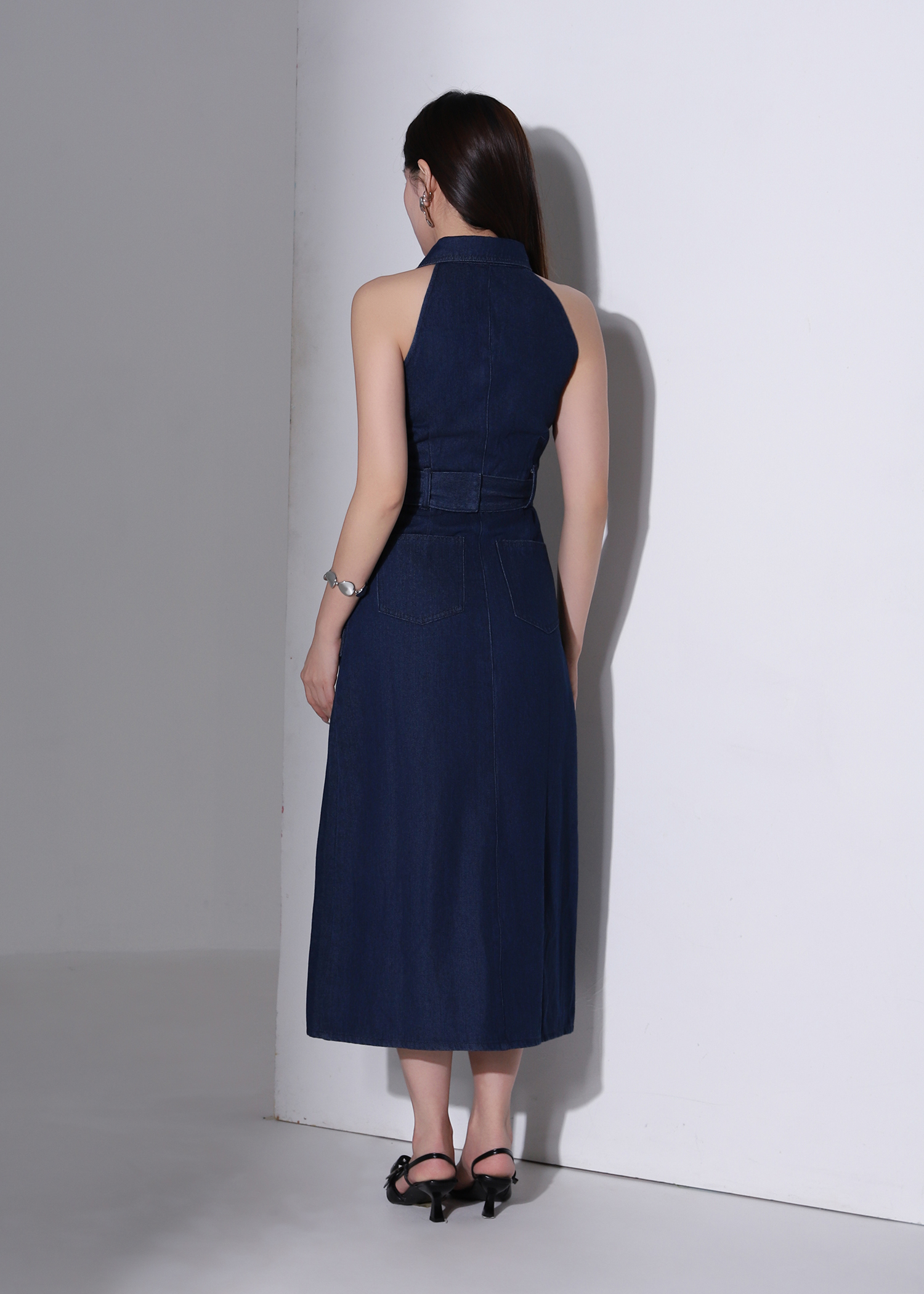 Denim Coller Sleeveless Front Button With Belt Dress AC376