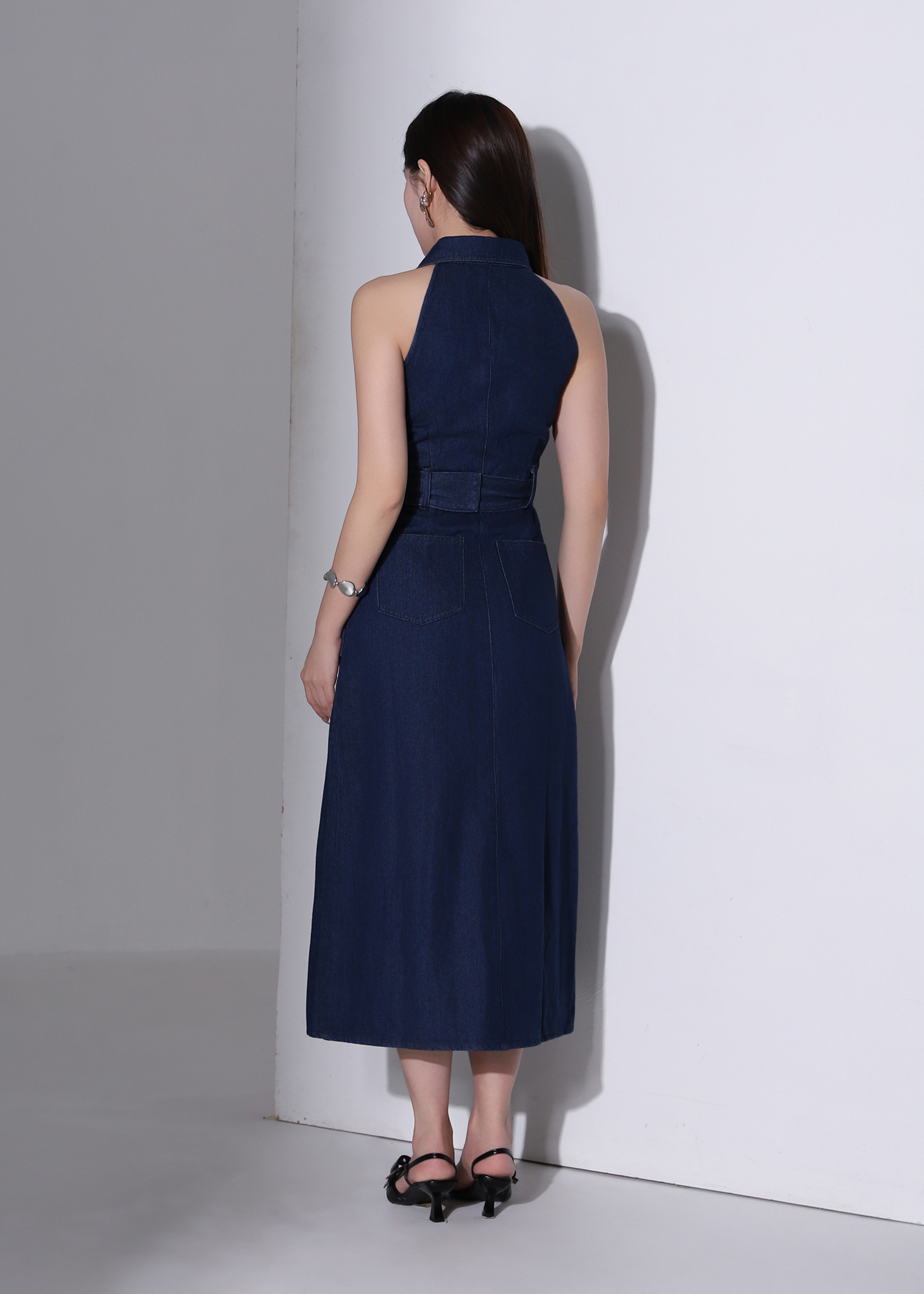 Denim Coller Sleeveless Front Button With Belt Dress AC376