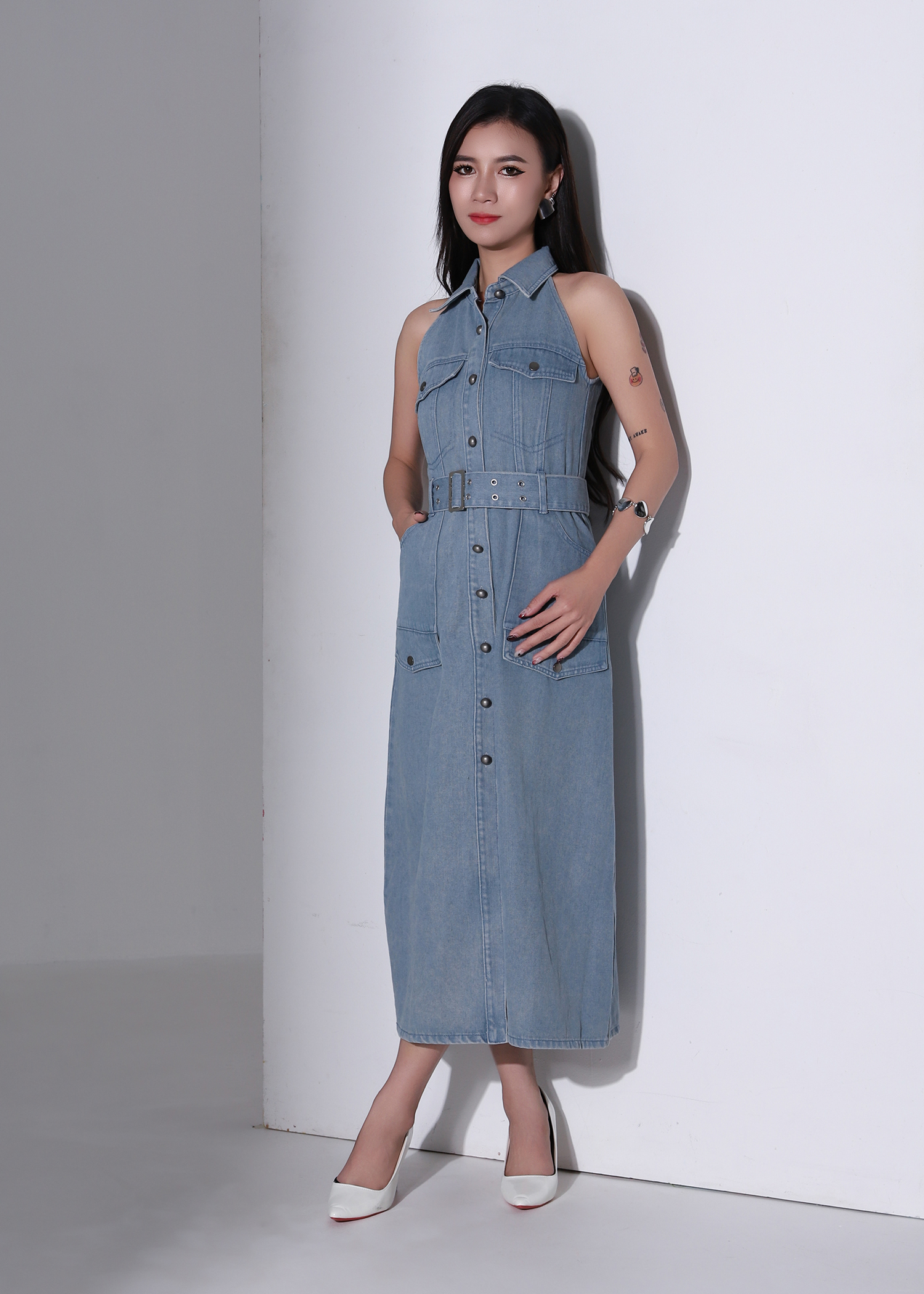 Denim Coller Sleeveless Front Button With Belt Dress AC376