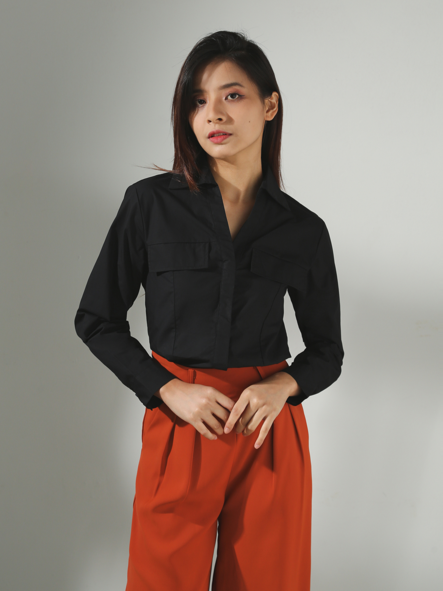 Long Sleeve Front Decorative Pocket Top AC401 (SPO)