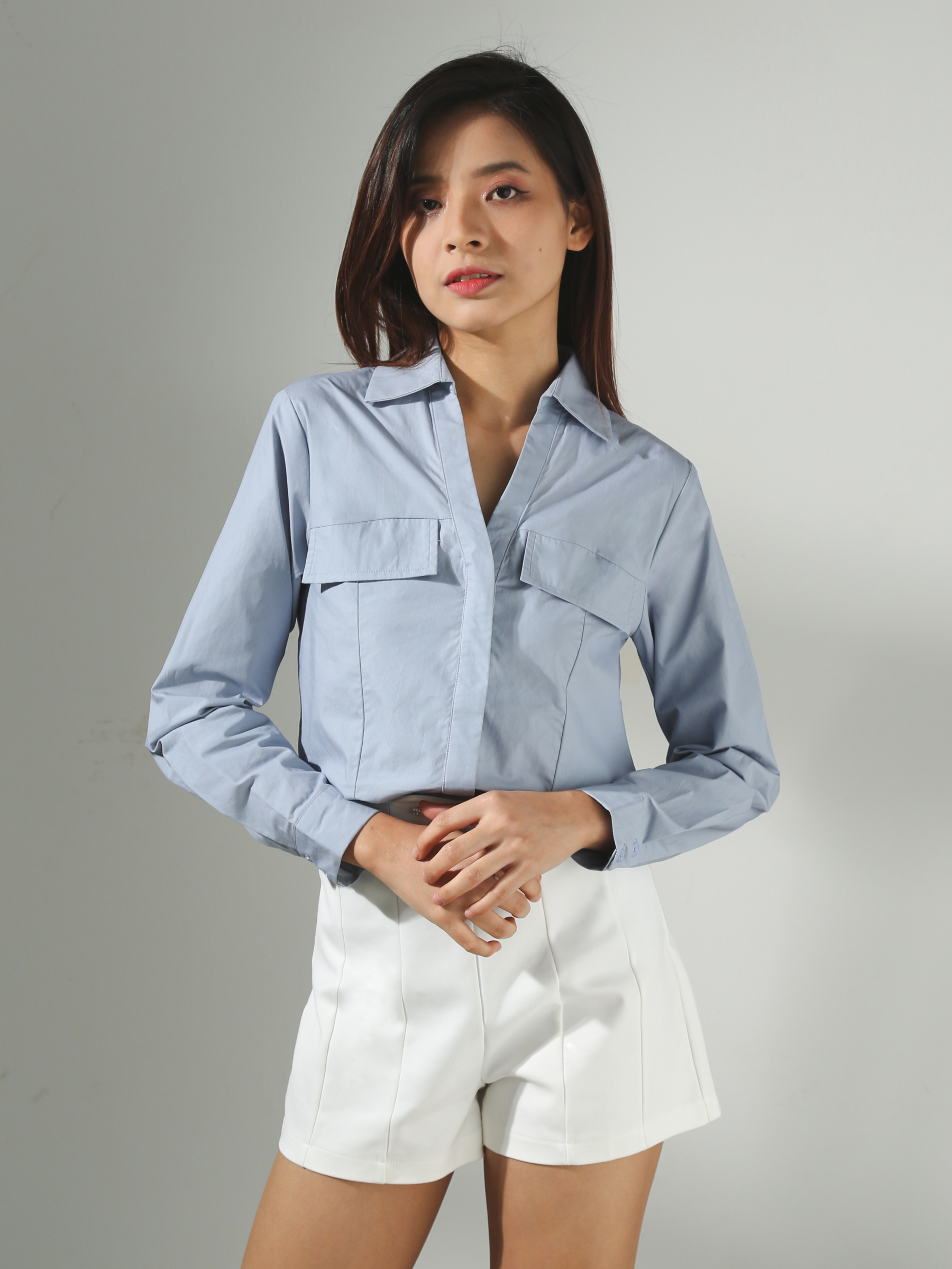 Long Sleeve Front Decorative Pocket Top AC401 (SPO)