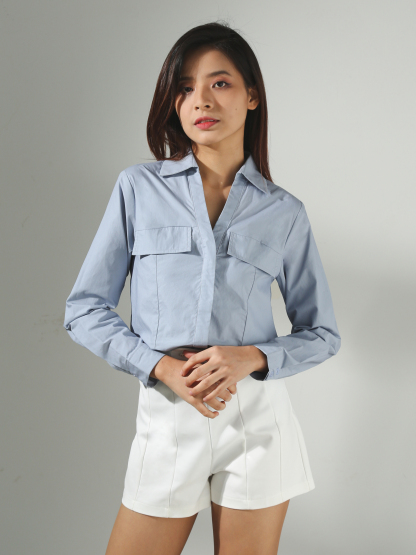Long Sleeve Front Decorative Pocket Top AC401 (SPO)