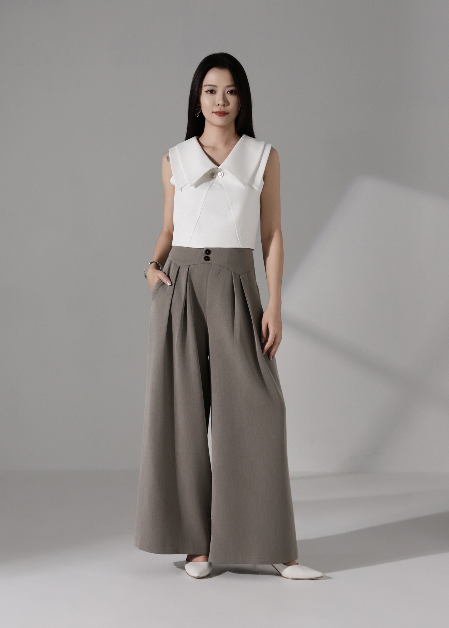 Front Button Pleated Wide Leg Long Pant AC188