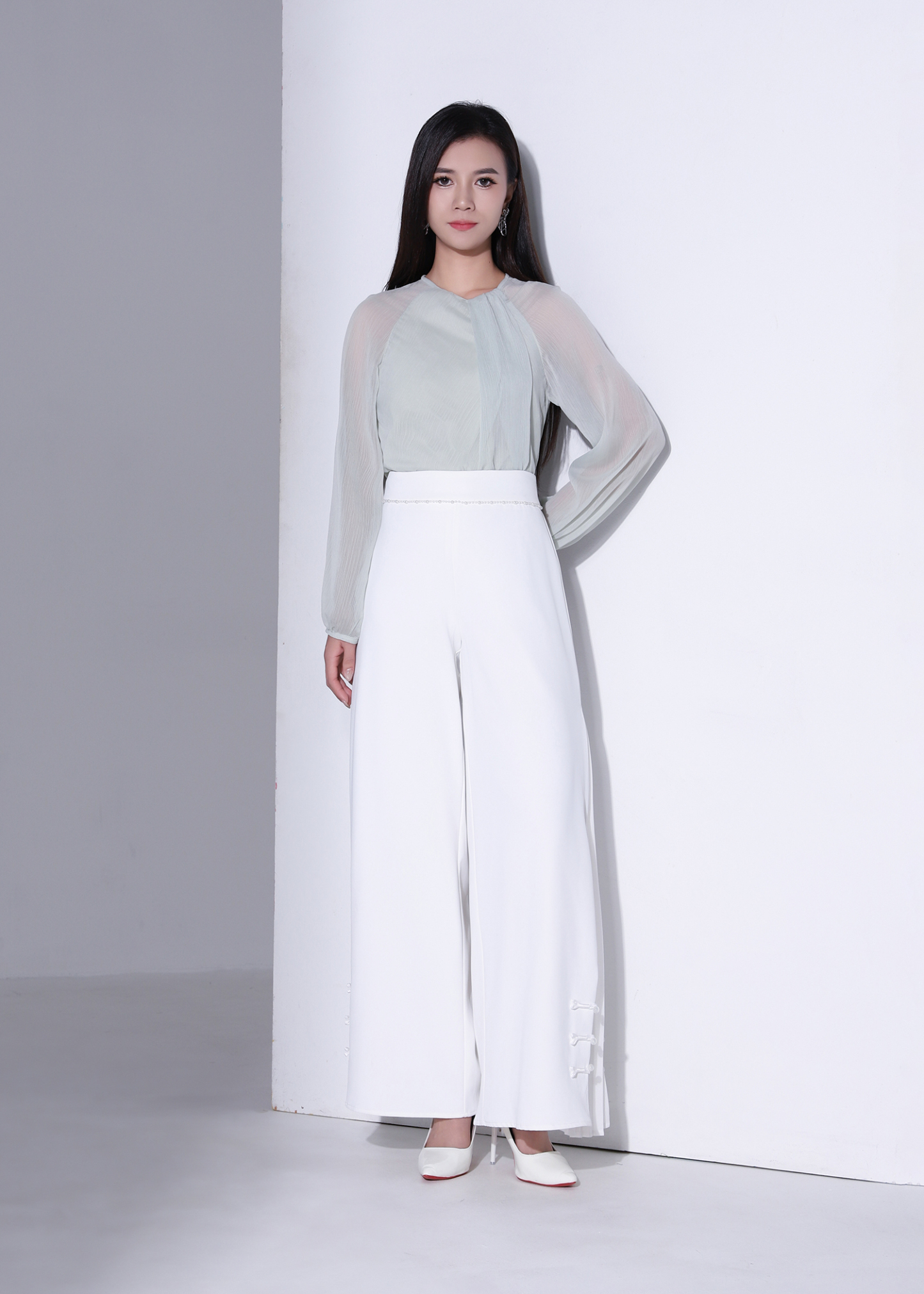Sheer Tie Neck Long Sleeve Blouse AC590
