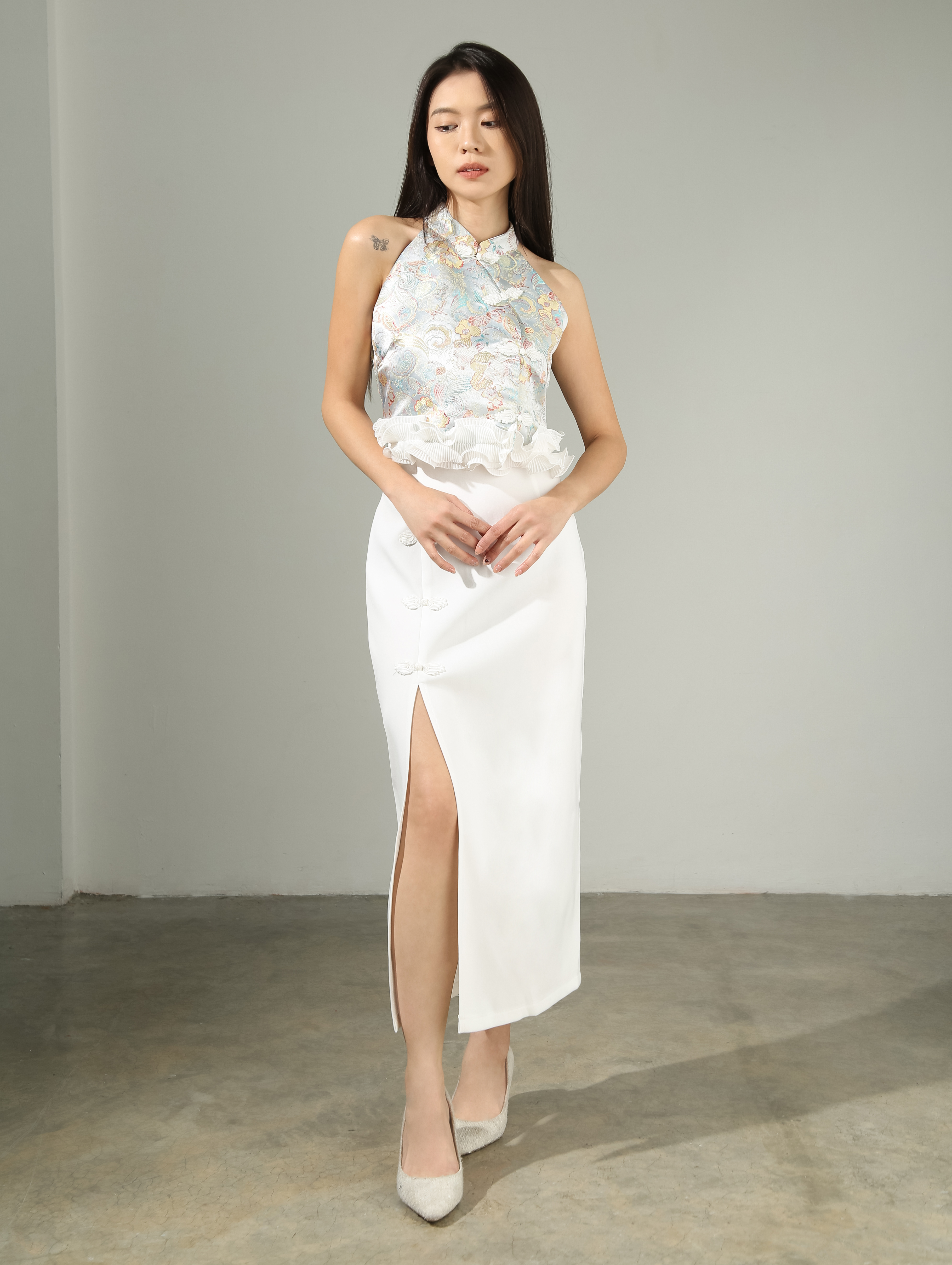 Halter Neck Top With Front Split Long Skirt Set AC633