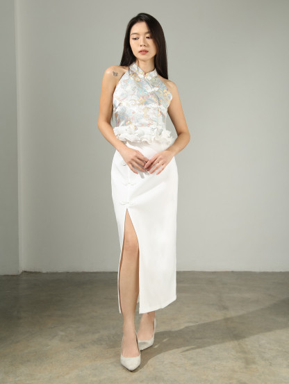 Halter Neck Top With Front Split Long Skirt Set AC633