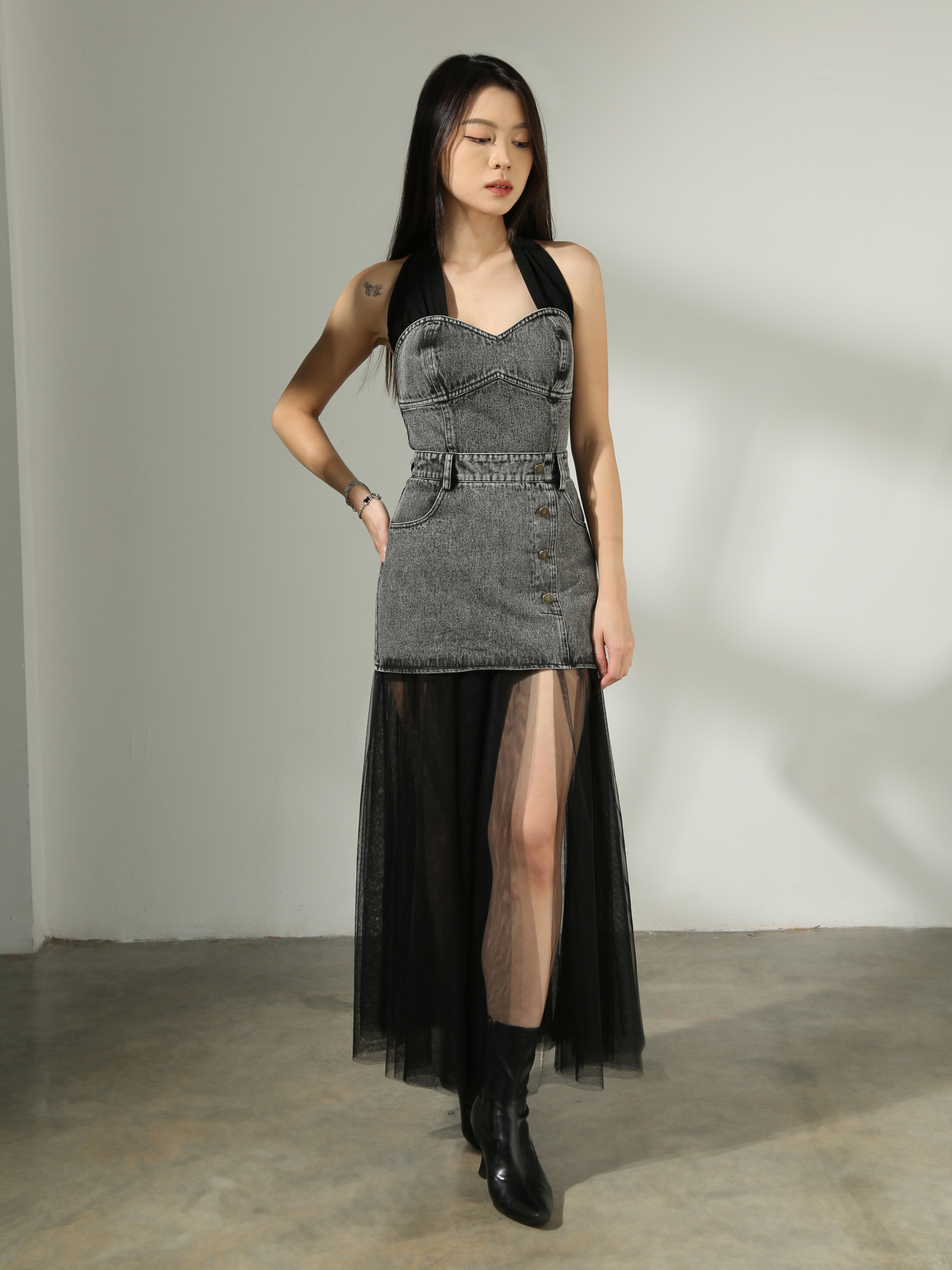 Denim Mesh Long Skirt AC755