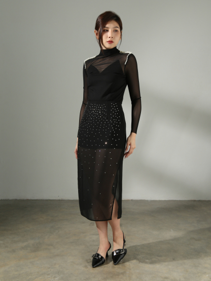 Mesh With Decorative Diamond Skirt Pant AC822