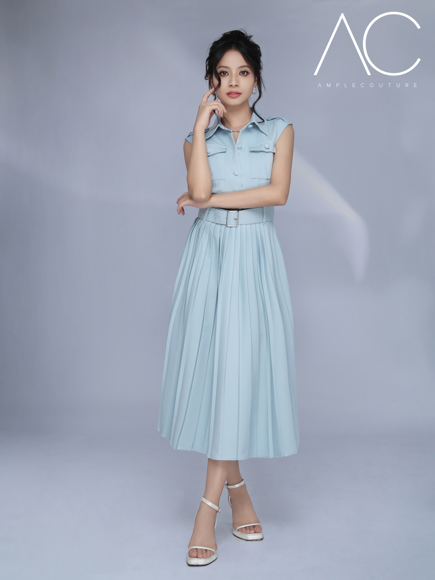 Sleeveless Front Button Pleated Dress With Belt AC826