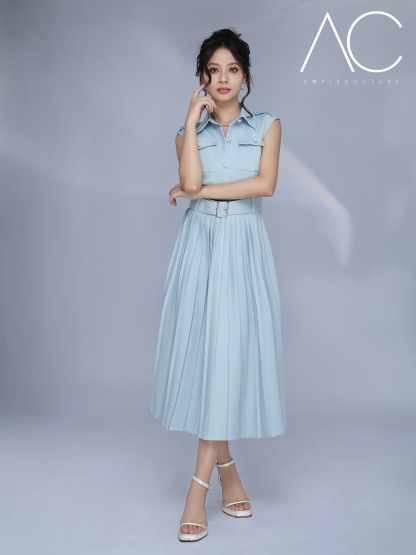 Sleeveless Front Button Pleated Dress With Belt AC826
