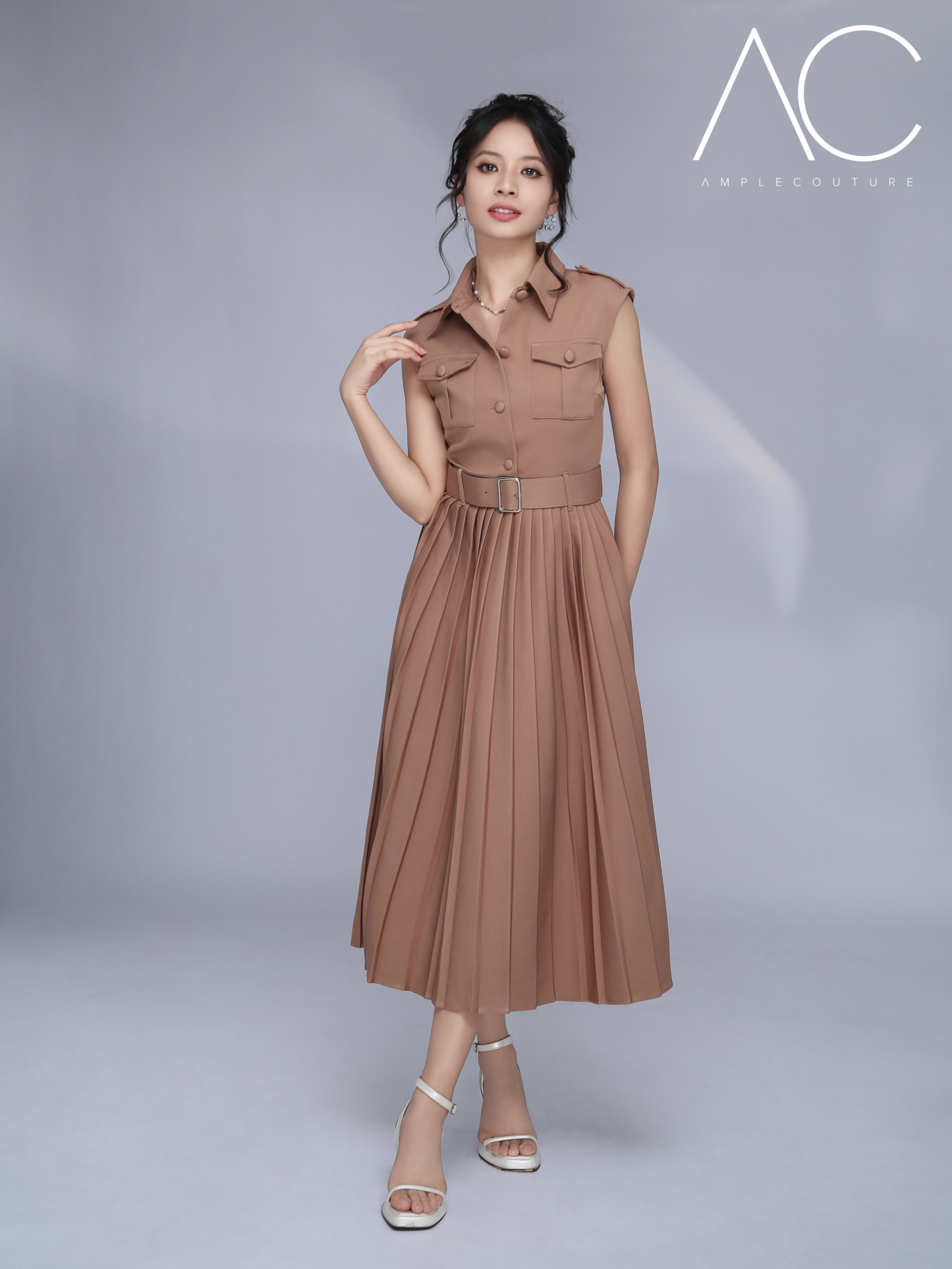 Sleeveless Front Button Pleated Dress With Belt AC826