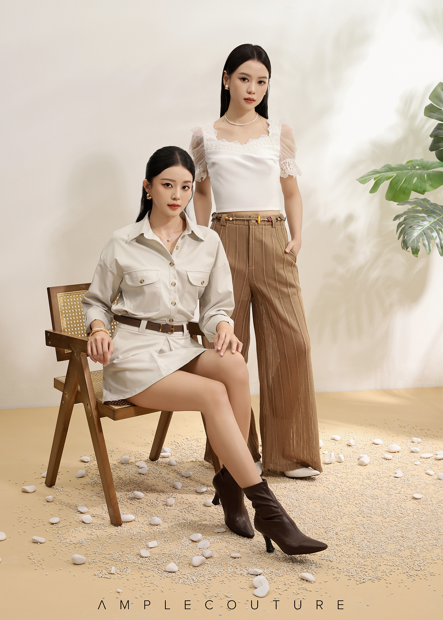 Long Sleeve Front Button Top With Skirt Pant Set Ac919