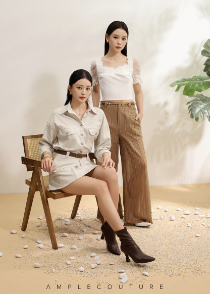 Long Sleeve Front Button Top With Skirt Pant Set Ac919