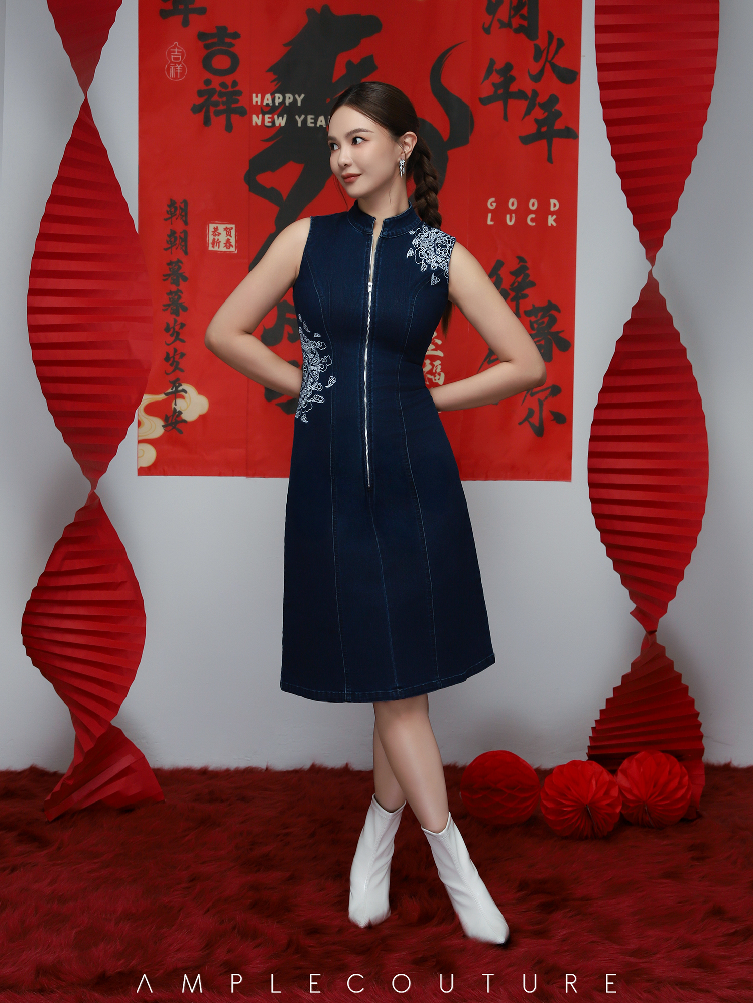 Denim Front Zip With Flower Dress AC853