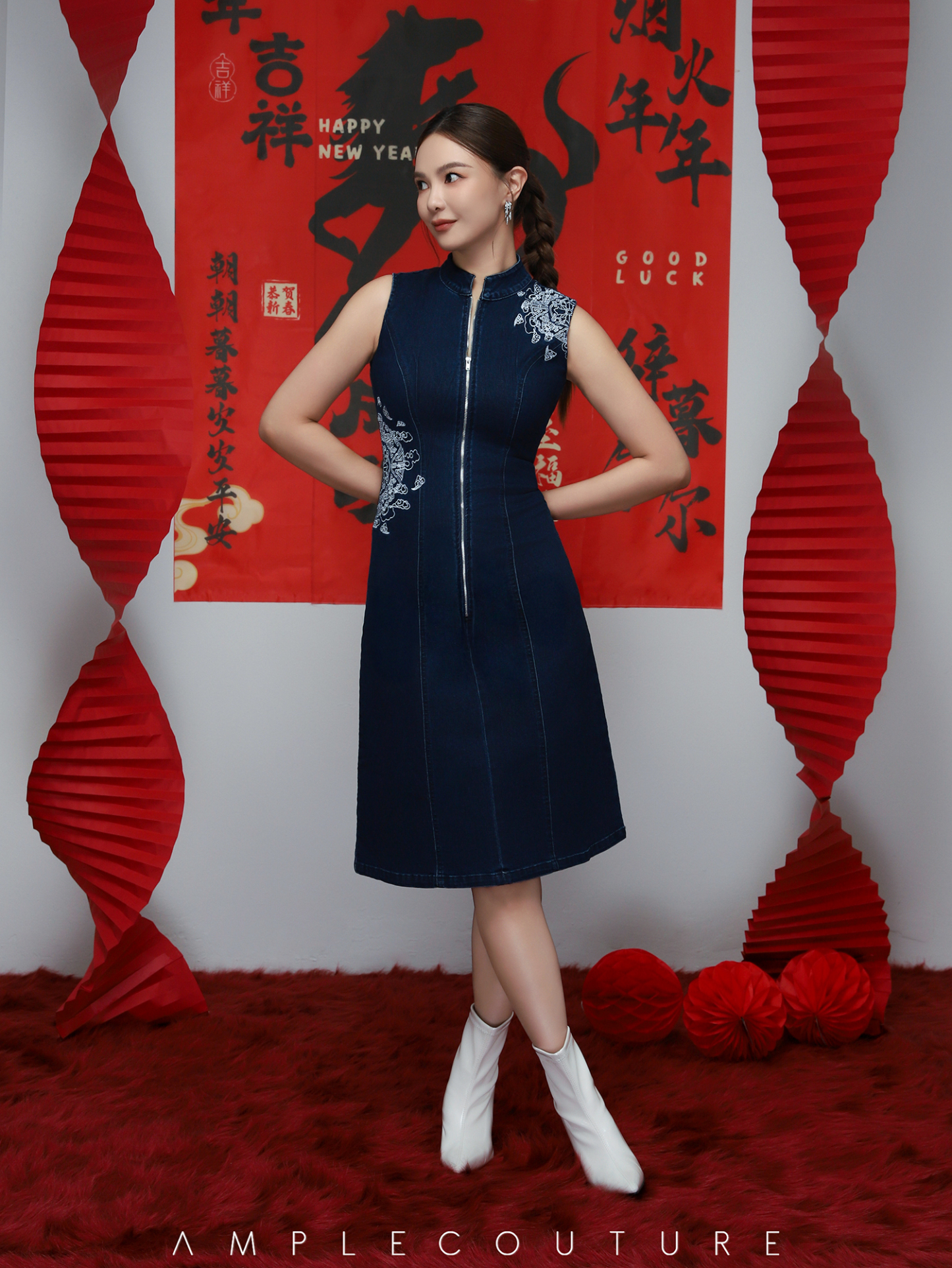 Denim Front Zip With Flower Dress AC853