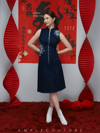 Denim Front Zip With Flower Dress AC853