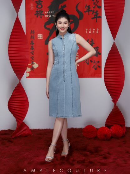 Denim Front Zip With Flower Dress AC853