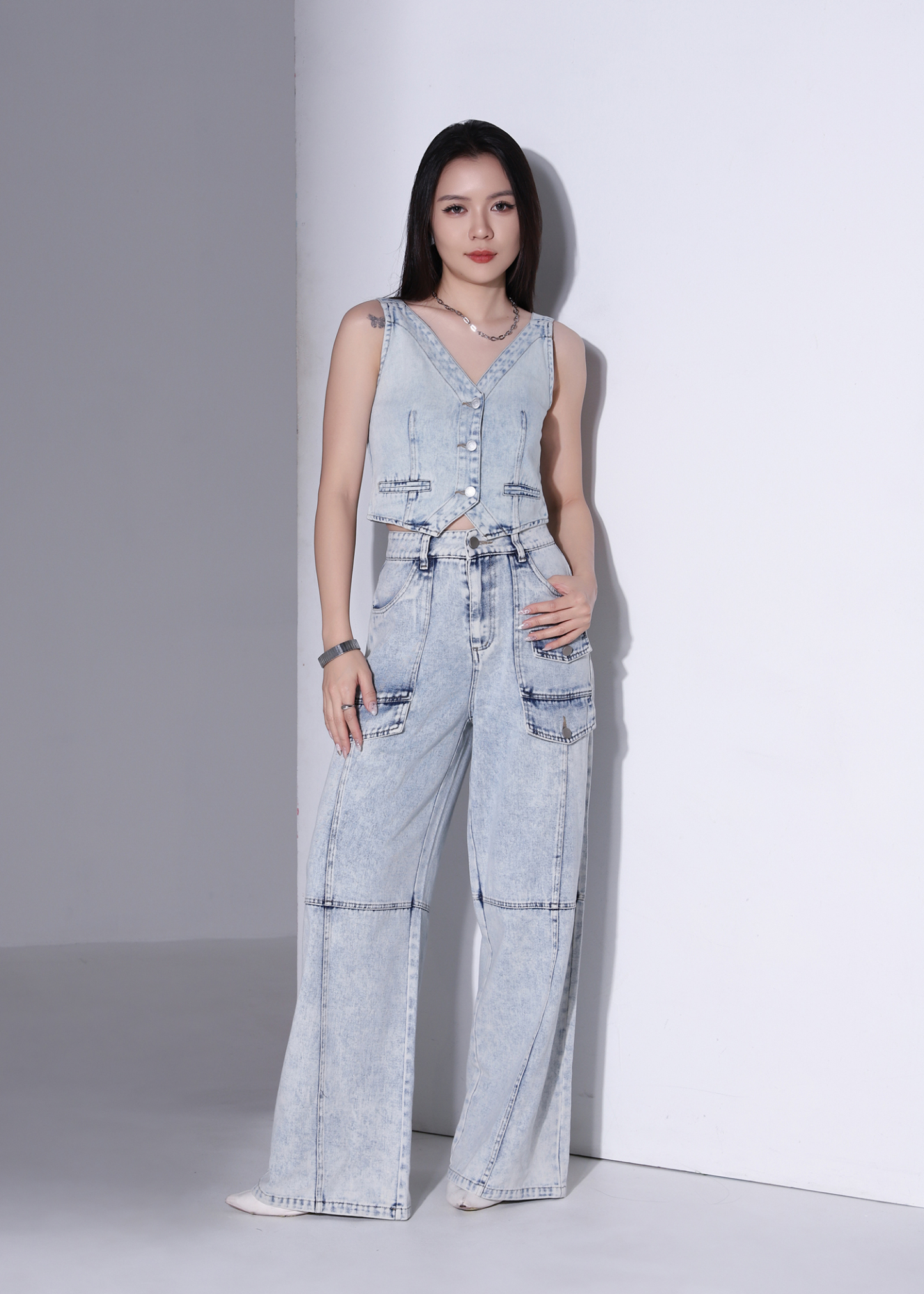 Denim Front Button Cropped Top AC879