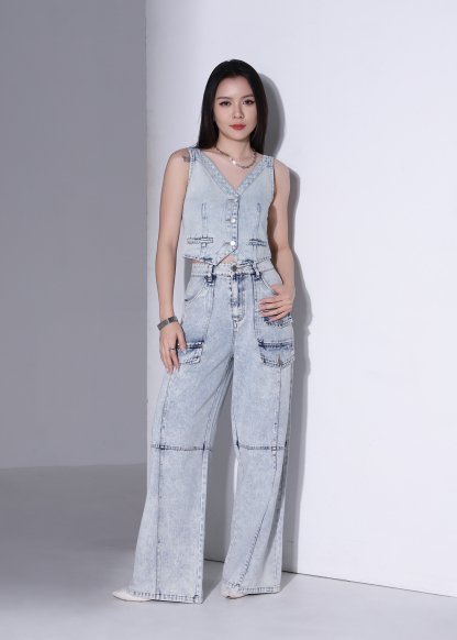 Denim Front Button Cropped Top AC879