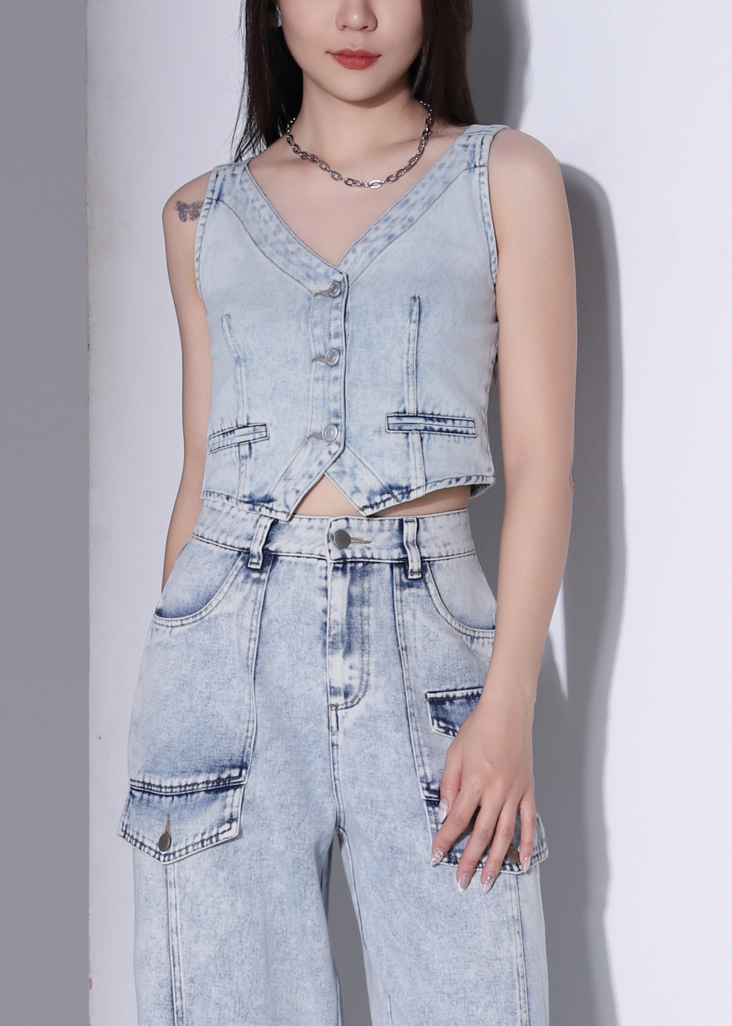 Denim Front Button Cropped Top AC879