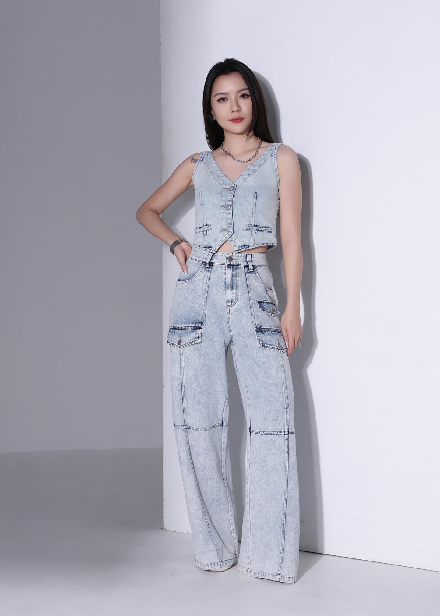 Denim Front Button Cropped Top AC879