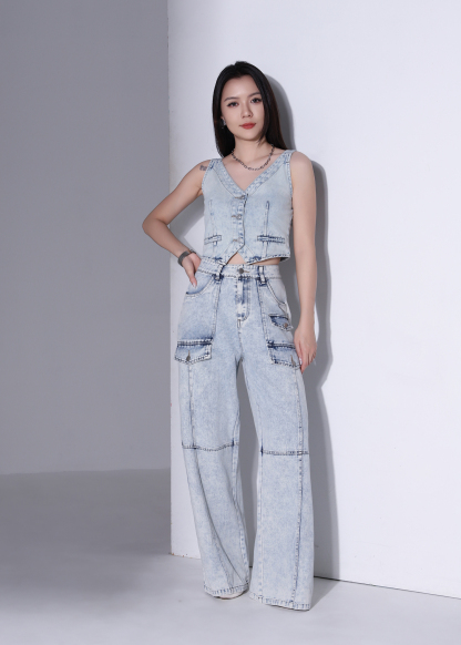 Denim Front Button Cropped Top AC879