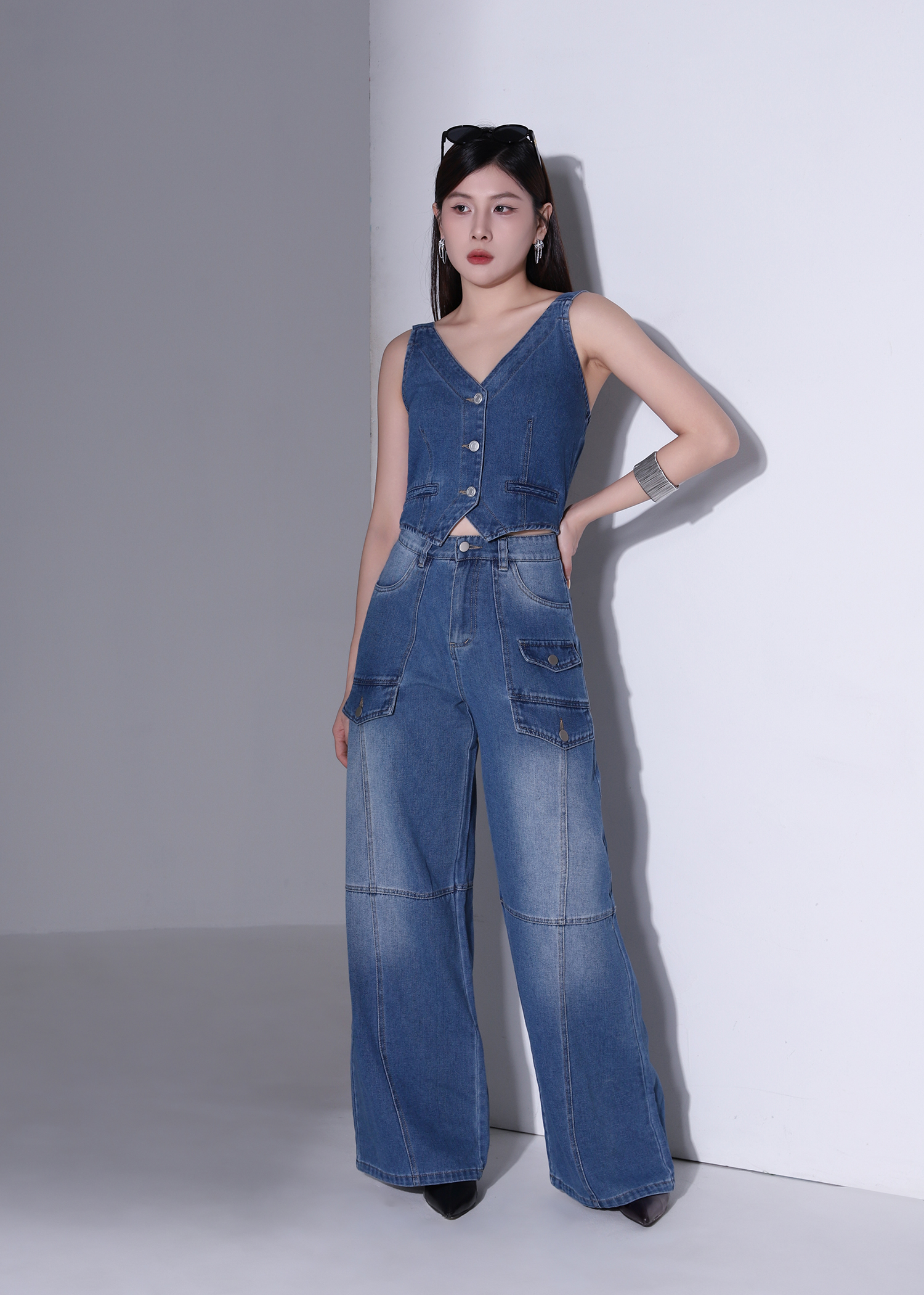 Denim Front Button Cropped Top AC879