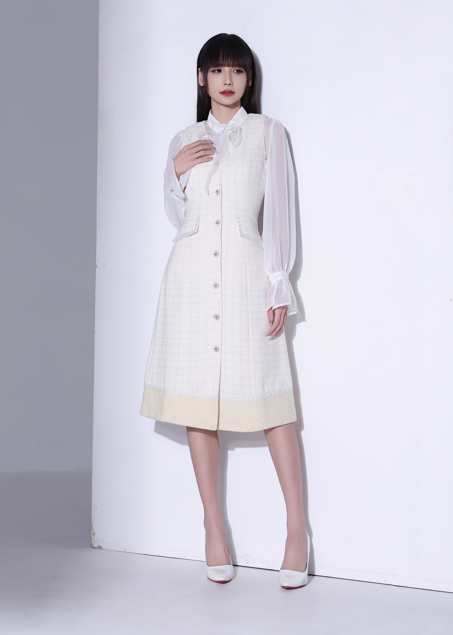 Tweed Contrast Hem Button Front Sleeveless Dress AC881