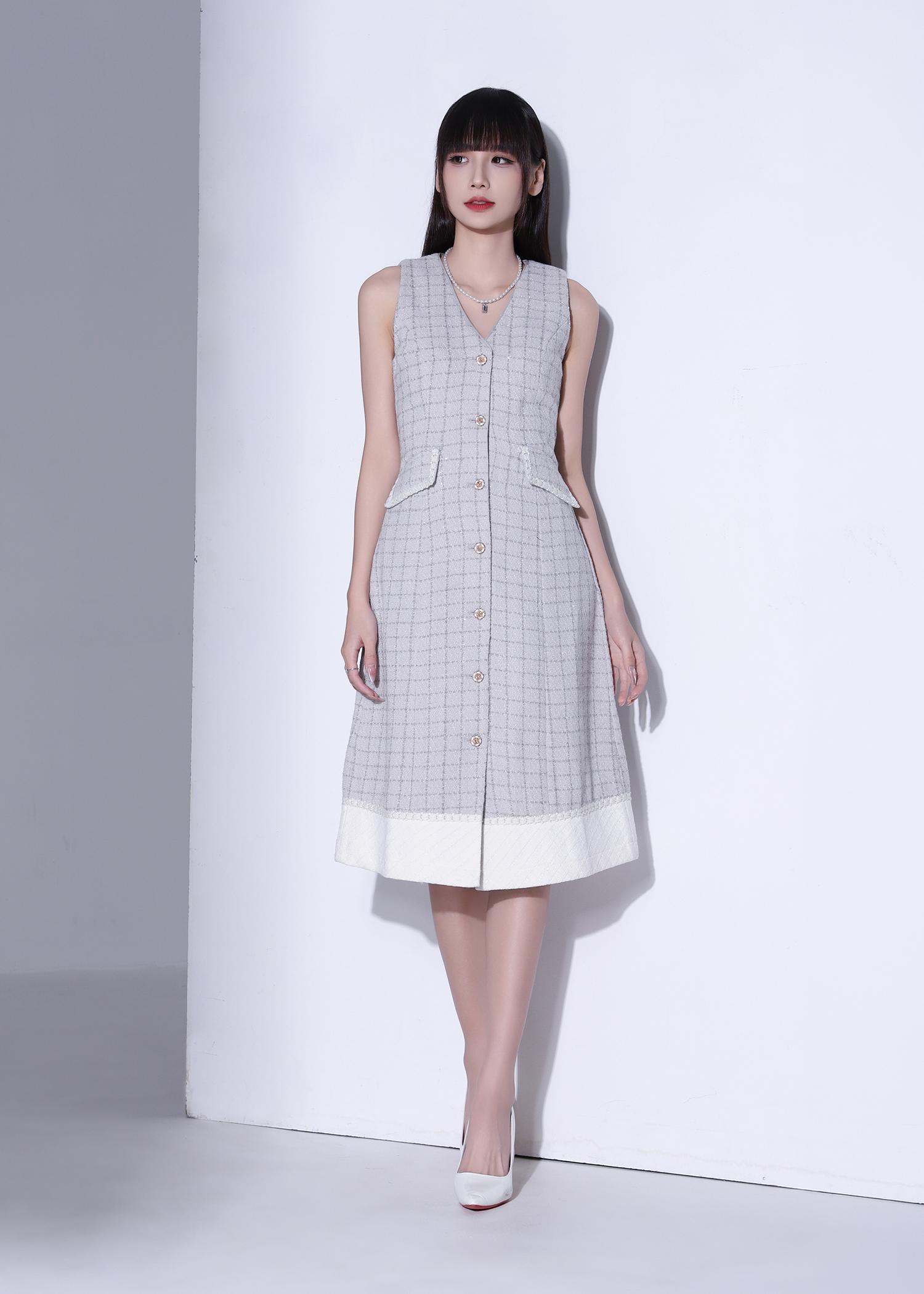 Tweed Contrast Hem Button Front Sleeveless Dress AC881