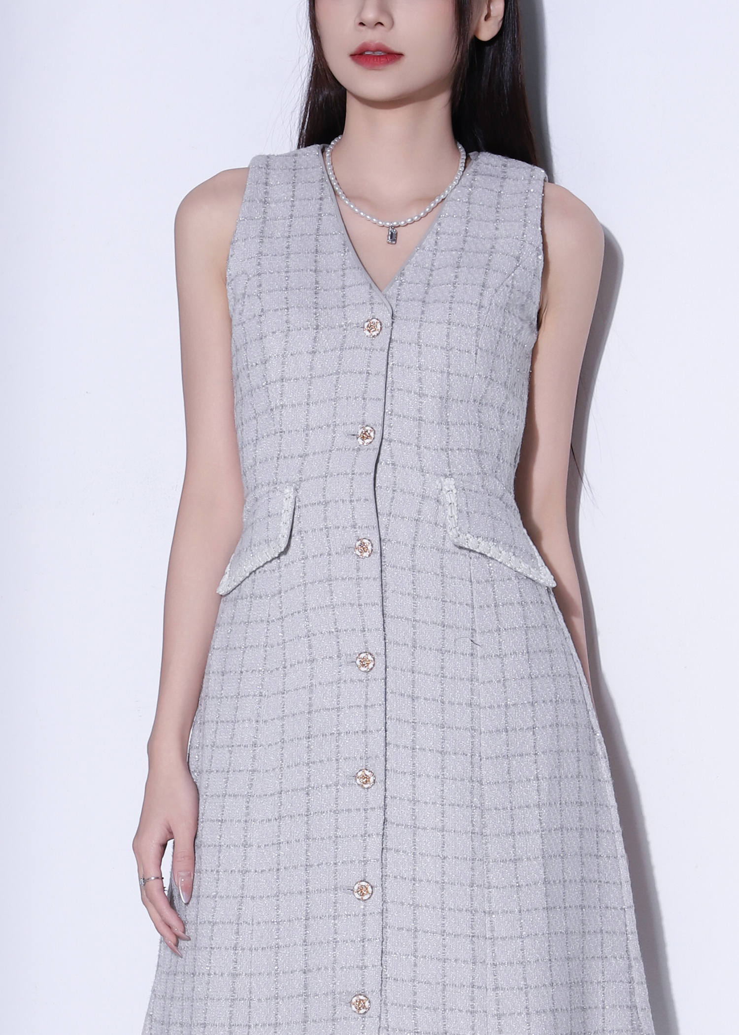 Tweed Contrast Hem Button Front Sleeveless Dress AC881