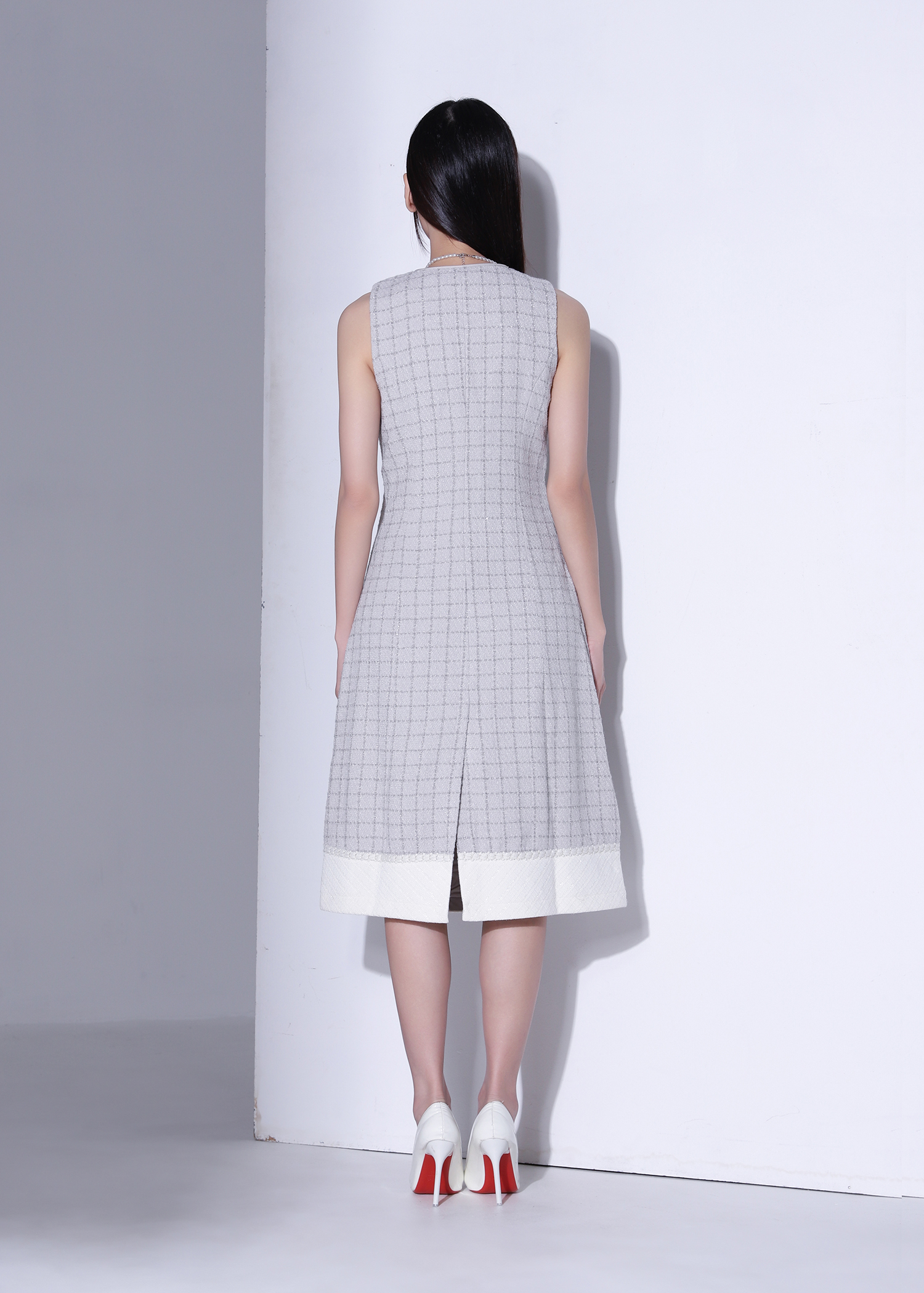Tweed Contrast Hem Button Front Sleeveless Dress AC881