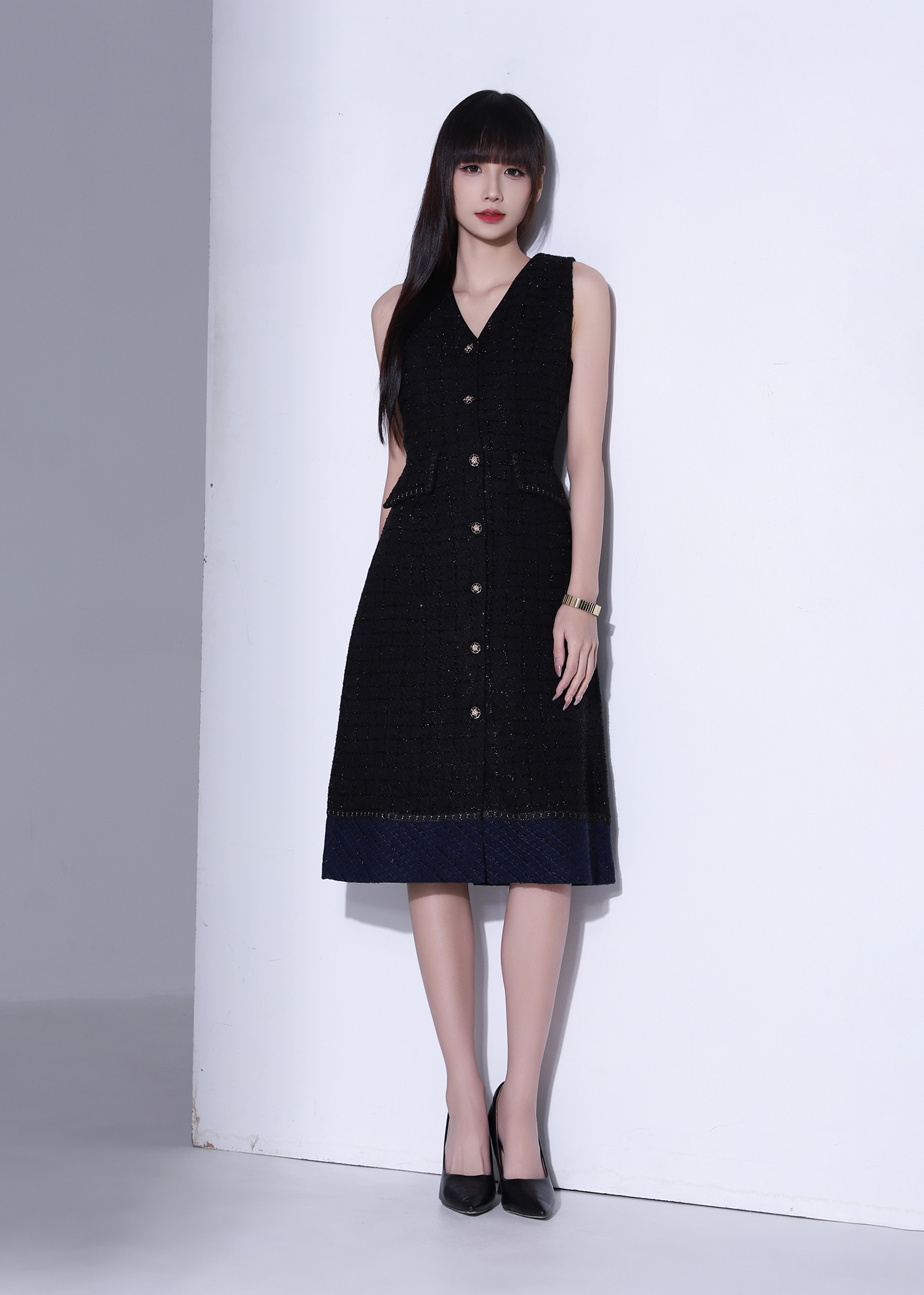 Tweed Contrast Hem Button Front Sleeveless Dress AC881