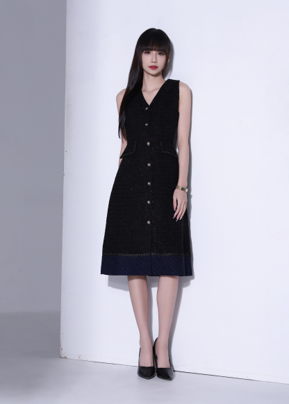 Tweed Contrast Hem Button Front Sleeveless Dress AC881