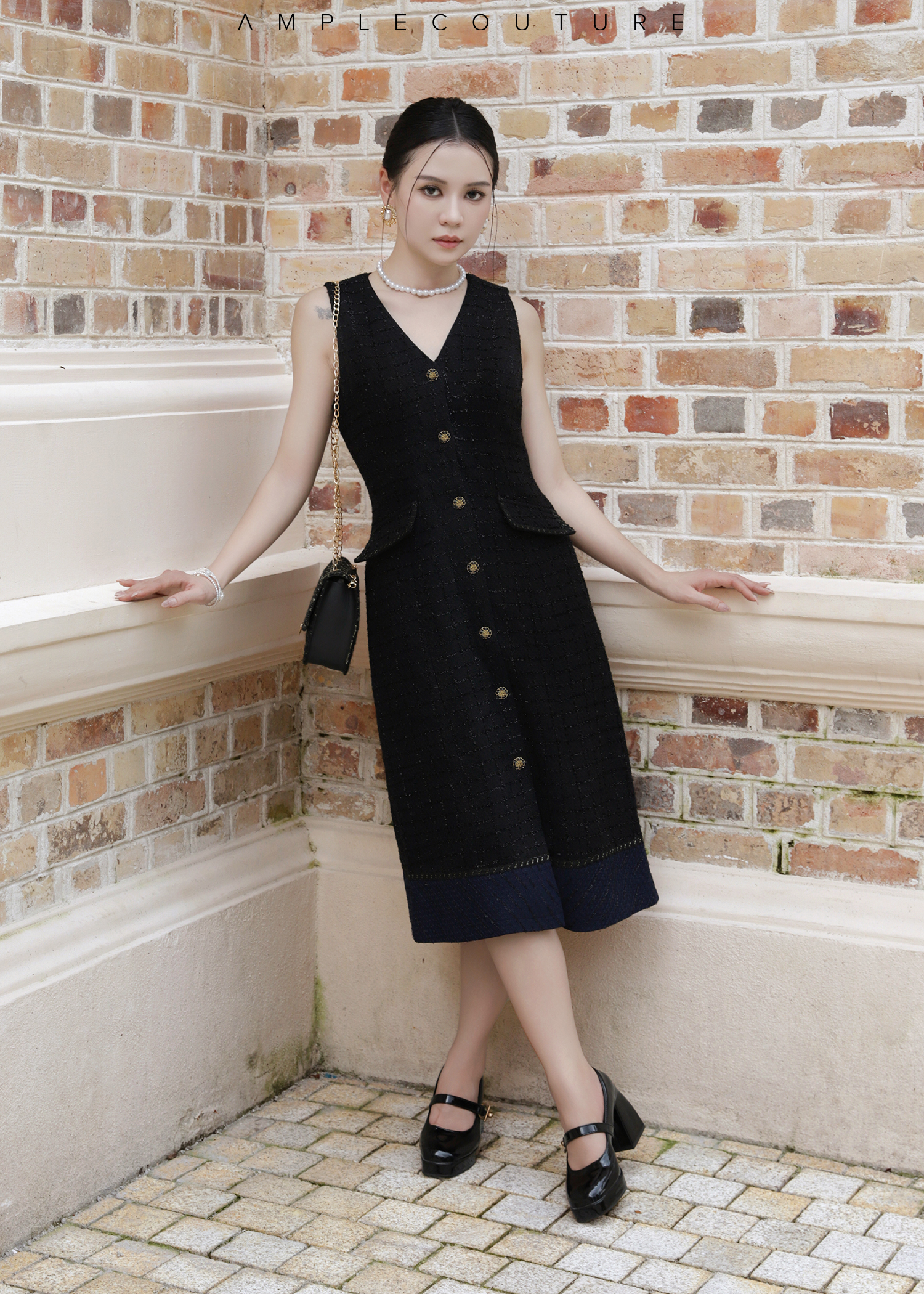 Tweed Contrast Hem Button Front Sleeveless Dress AC881
