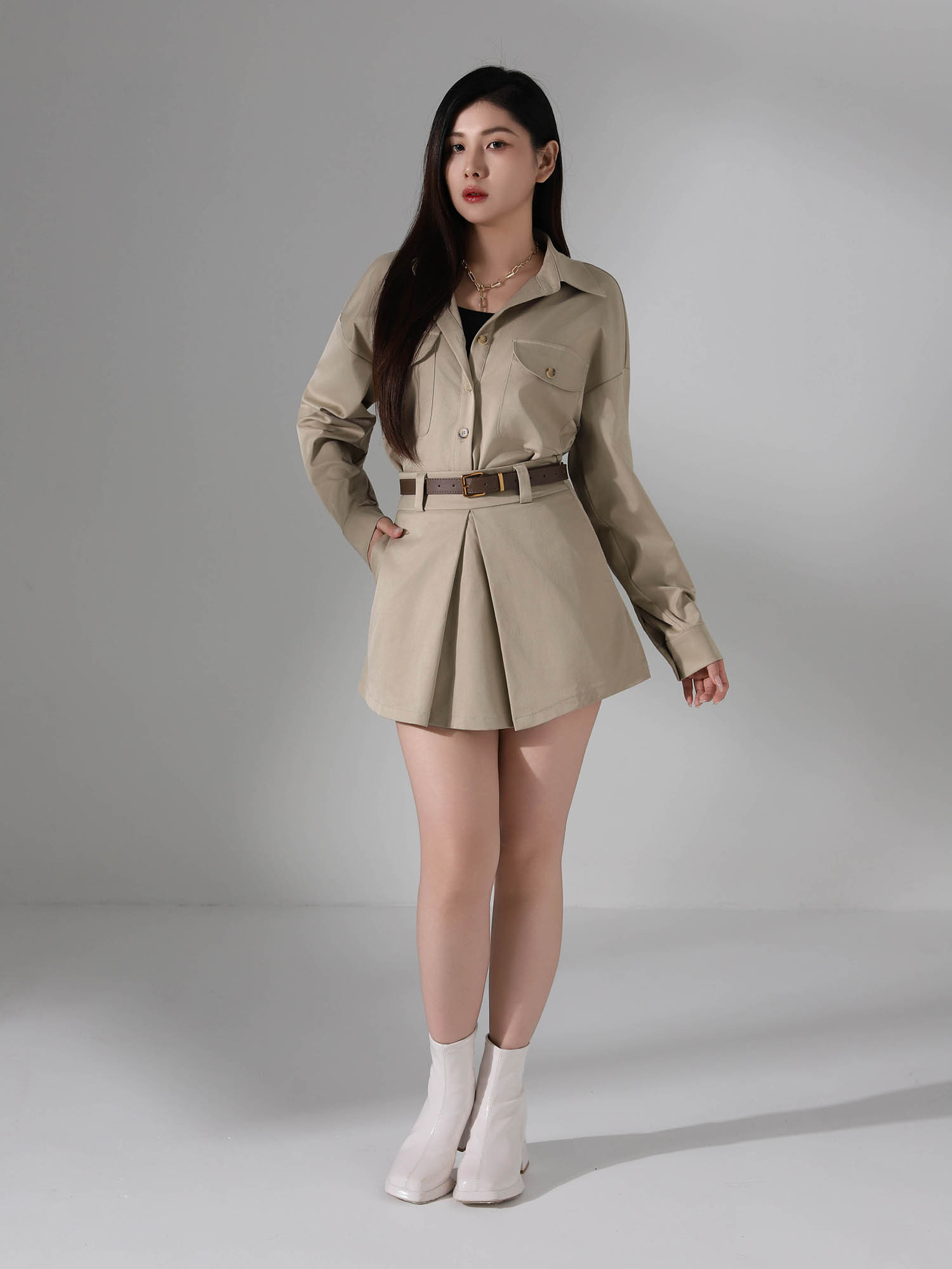 Long Sleeve Front Button Top With Skirt Pant Set Ac919