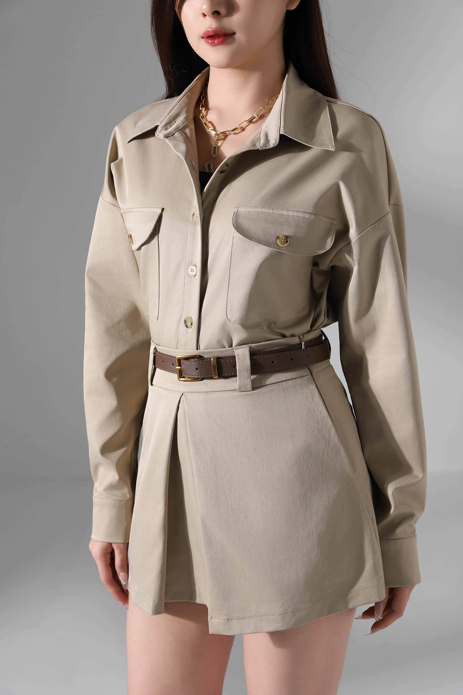 Long Sleeve Front Button Top With Skirt Pant Set Ac919