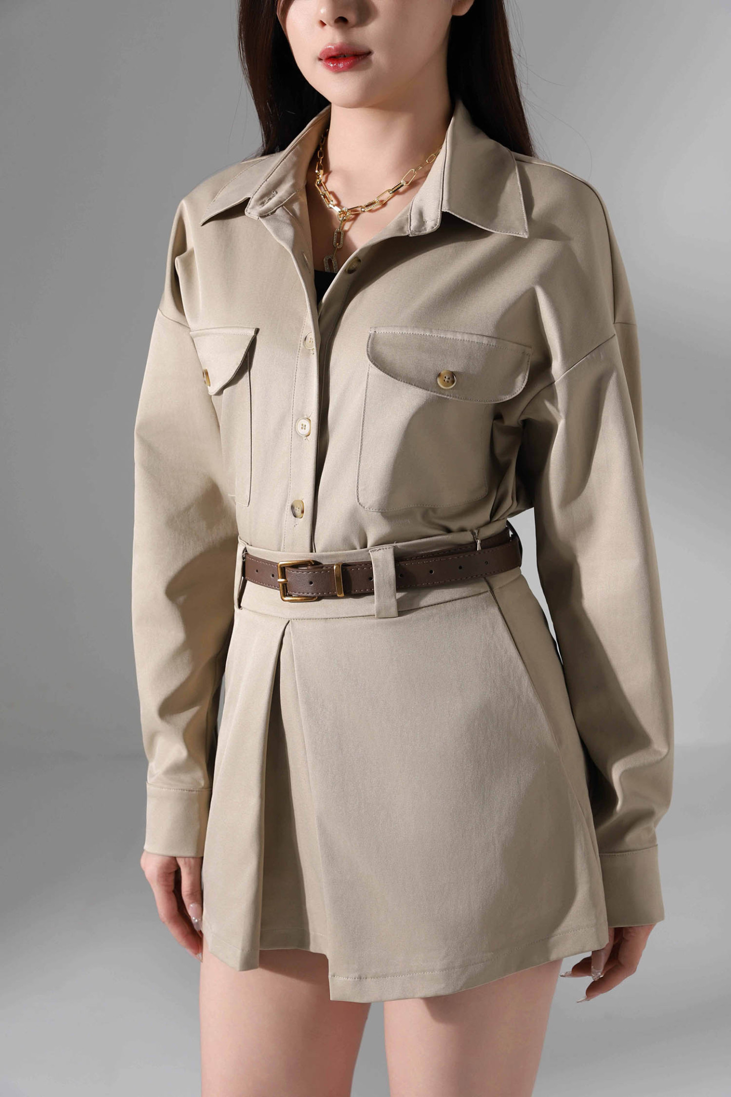 Long Sleeve Front Button Top With Skirt Pant Set Ac919