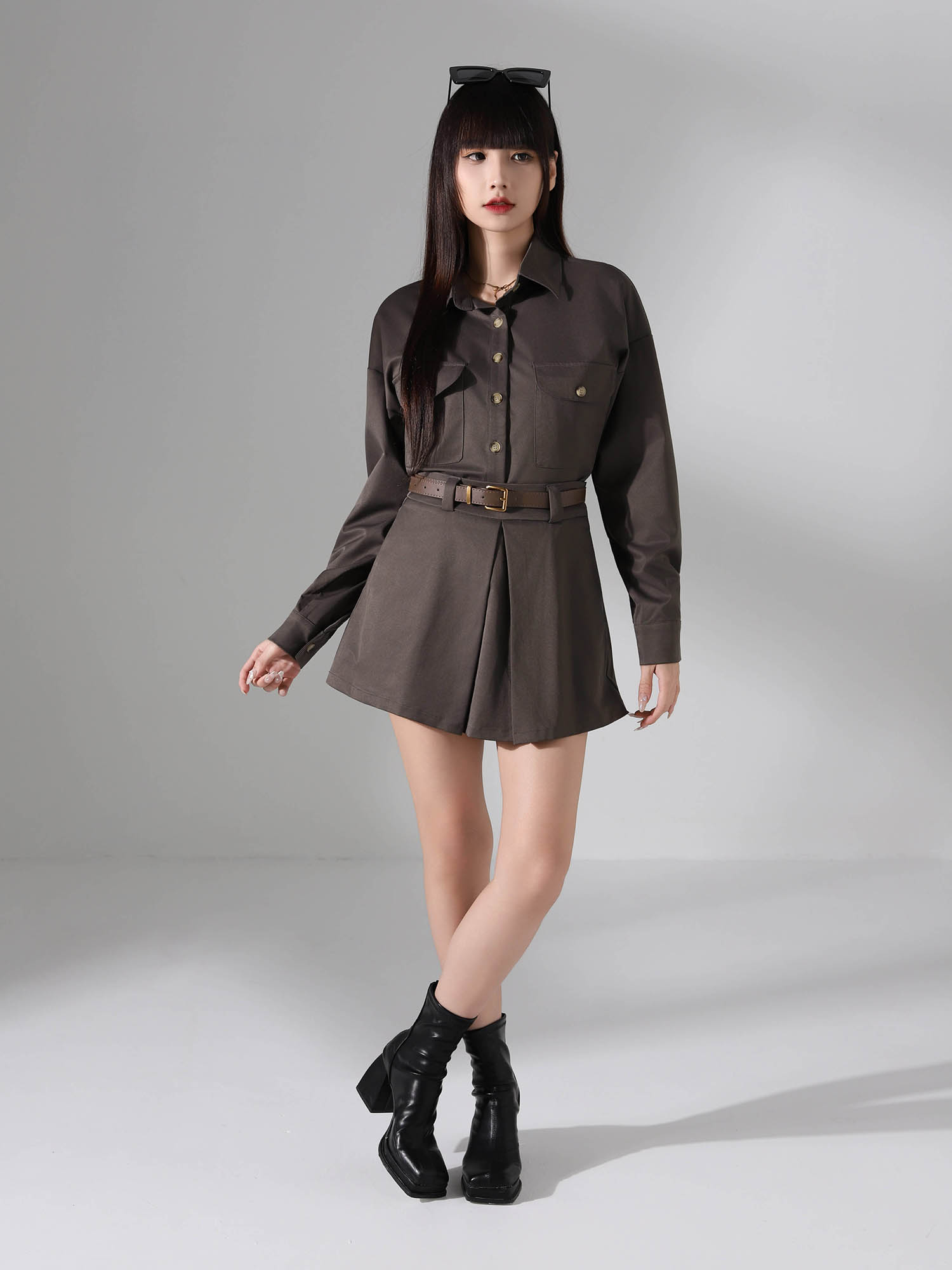 Long Sleeve Front Button Top With Skirt Pant Set Ac919