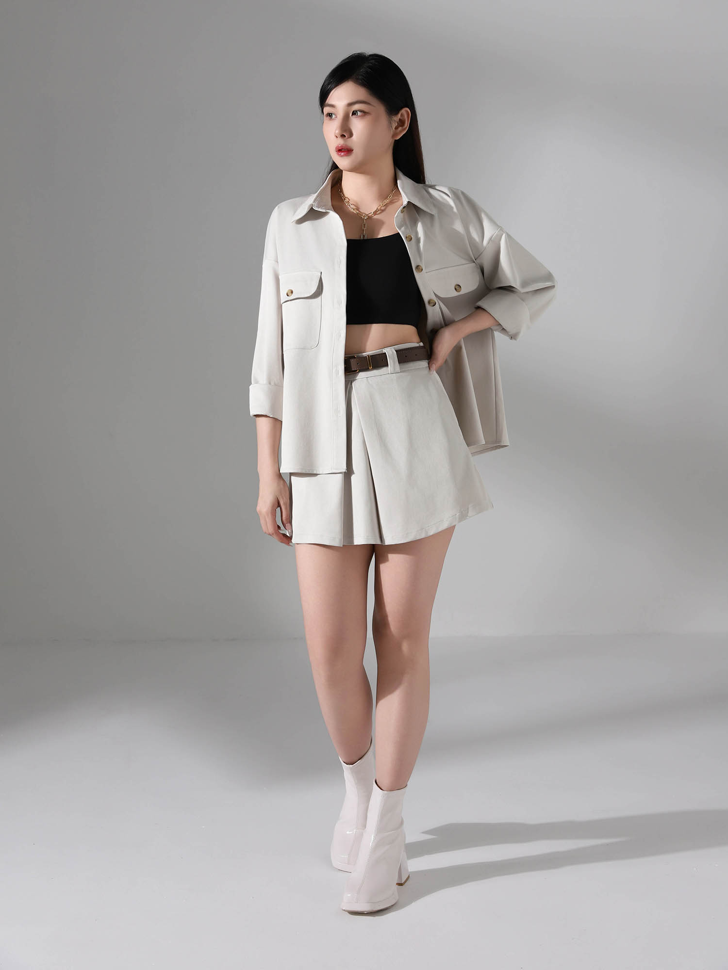 Long Sleeve Front Button Top With Skirt Pant Set Ac919