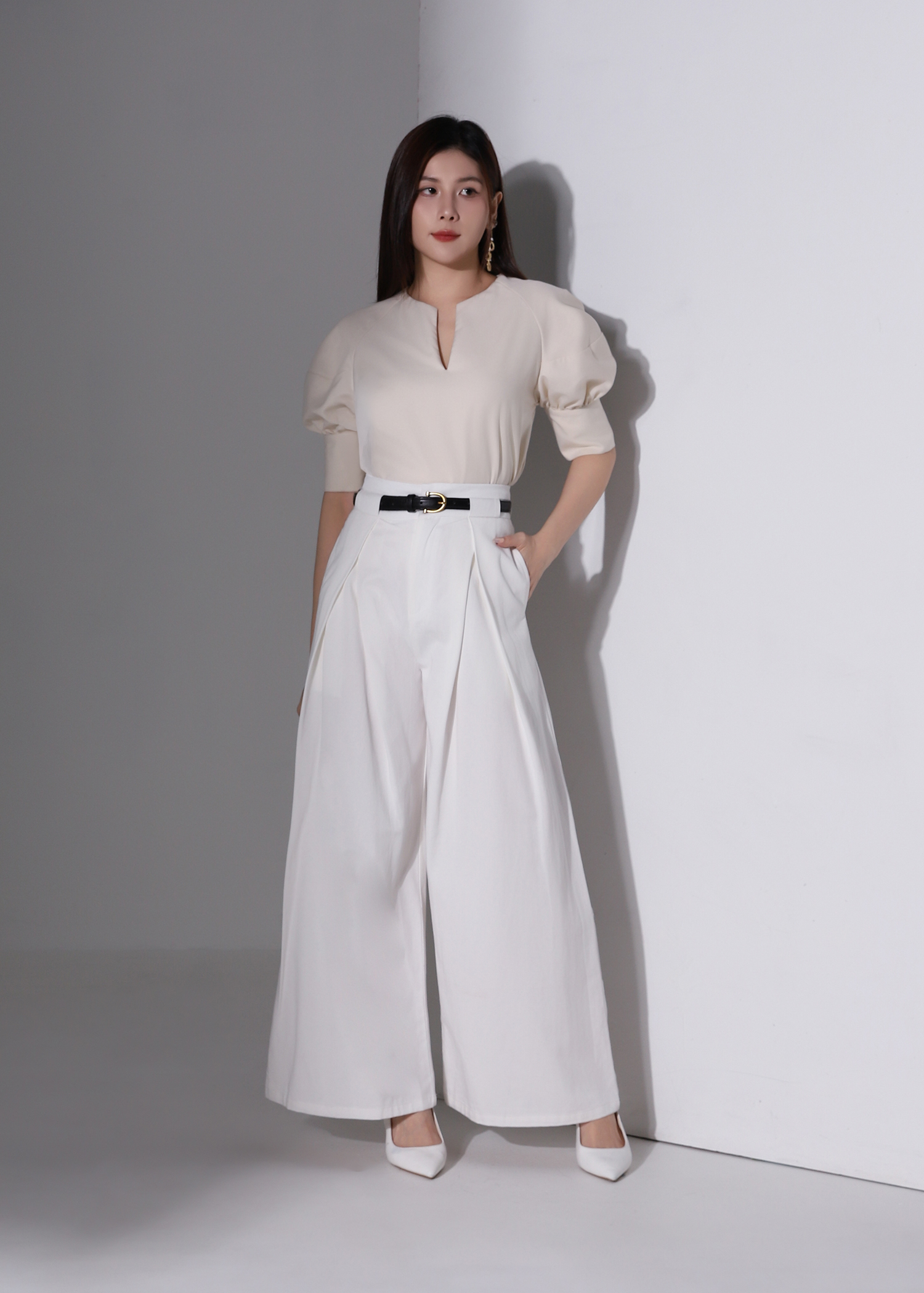 High Waist Side Fold Wide Leg Long Pants AC958
