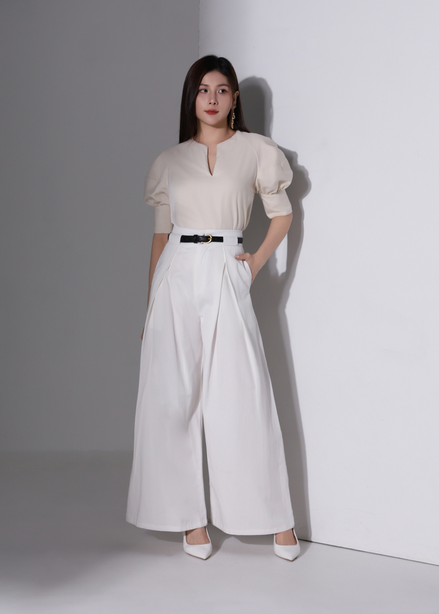 High Waist Side Fold Wide Leg Long Pants AC958