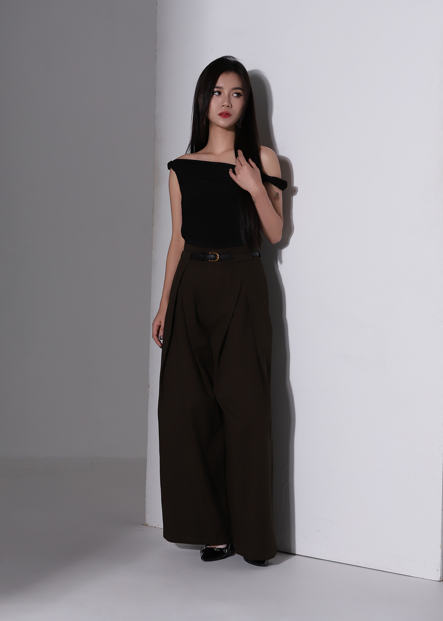 High Waist Side Fold Wide Leg Long Pants AC958