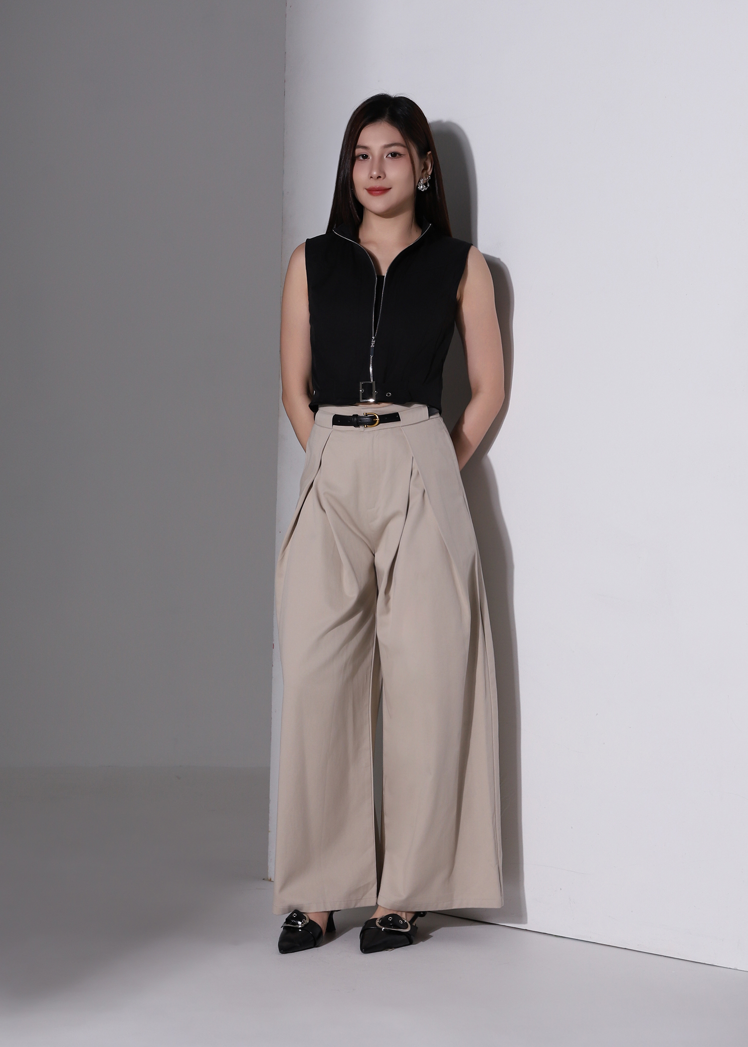 High Waist Side Fold Wide Leg Long Pants AC958