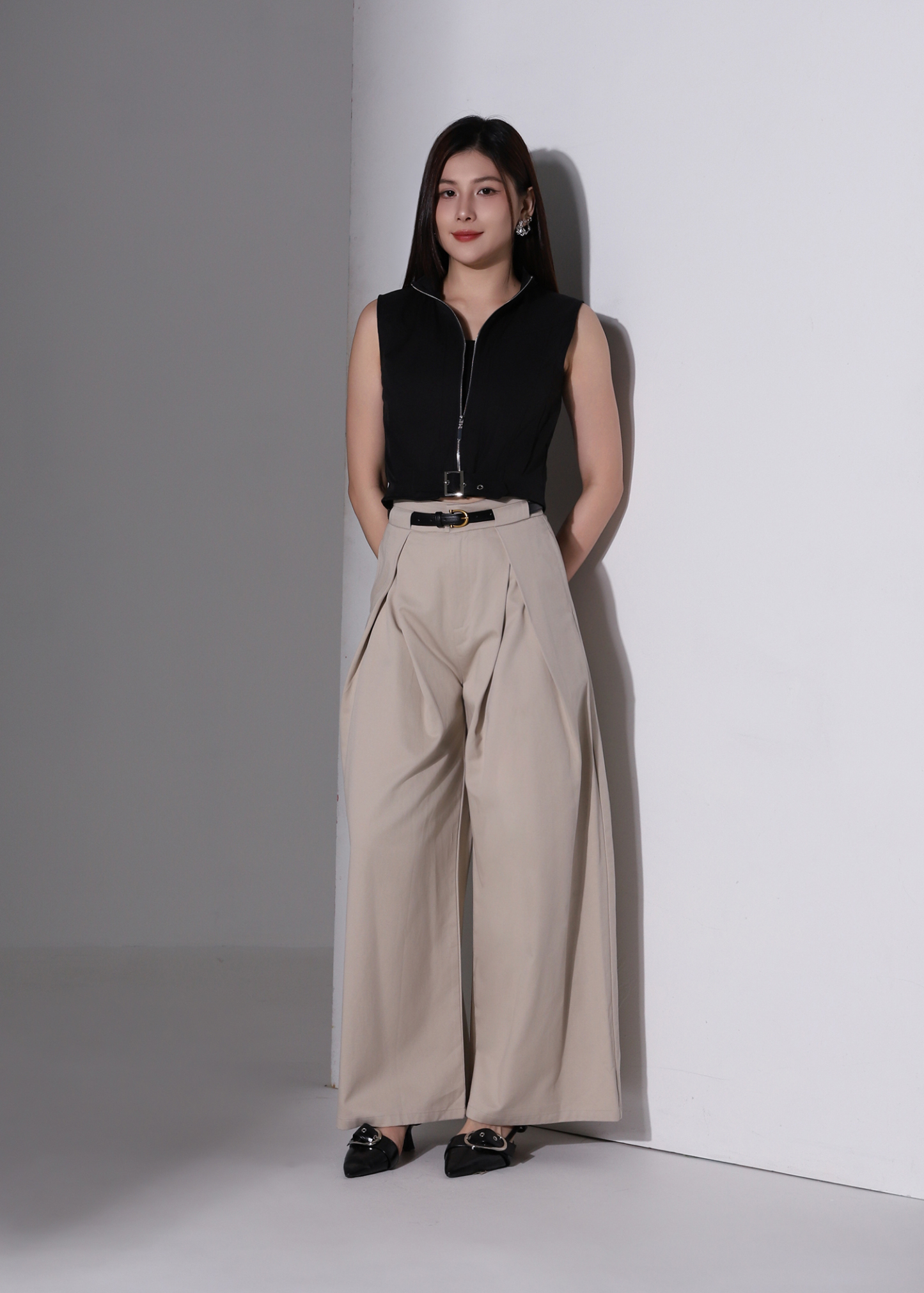 High Waist Side Fold Wide Leg Long Pants AC958