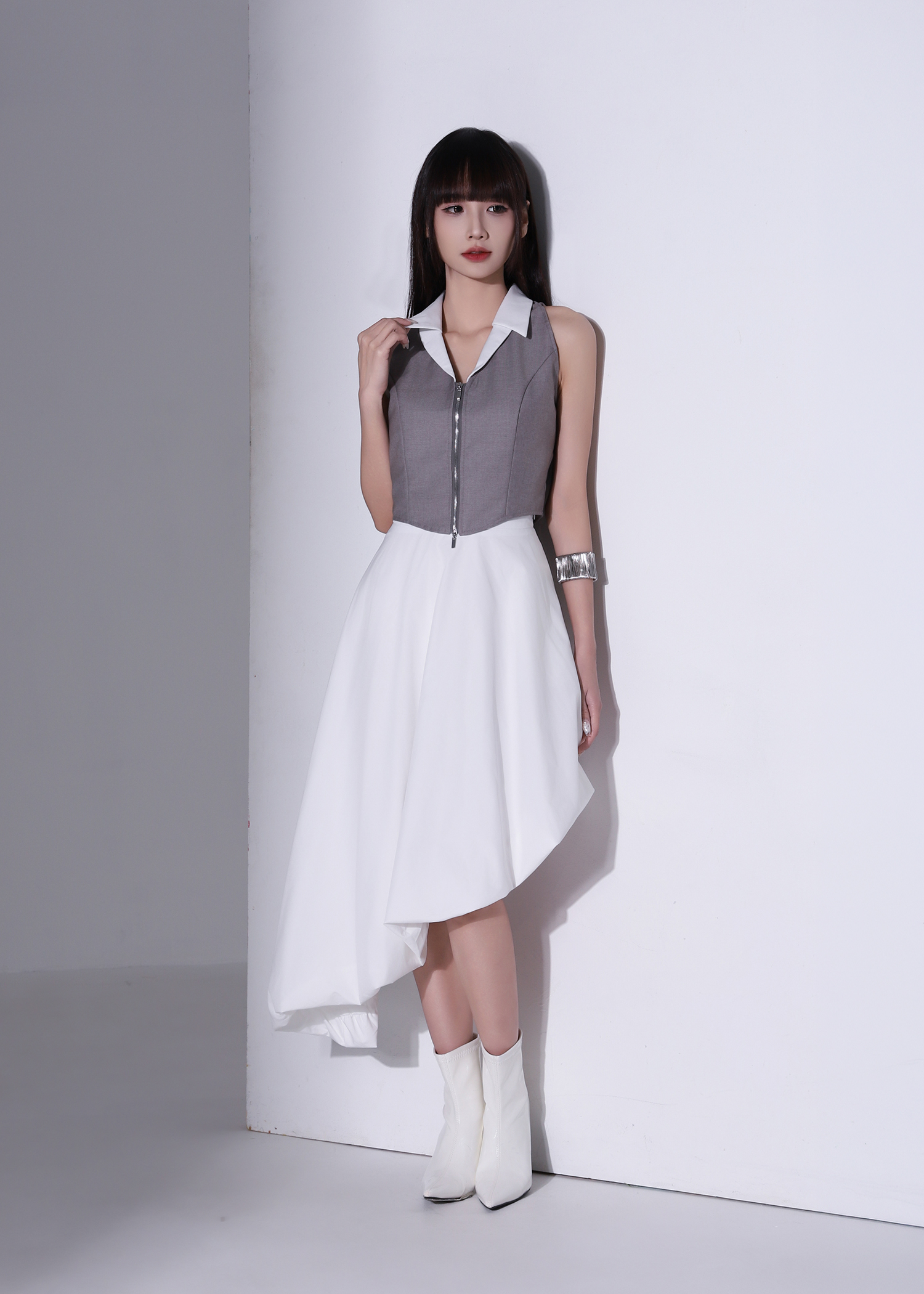 Fake Two Piece Collar Front Zip Top AC959